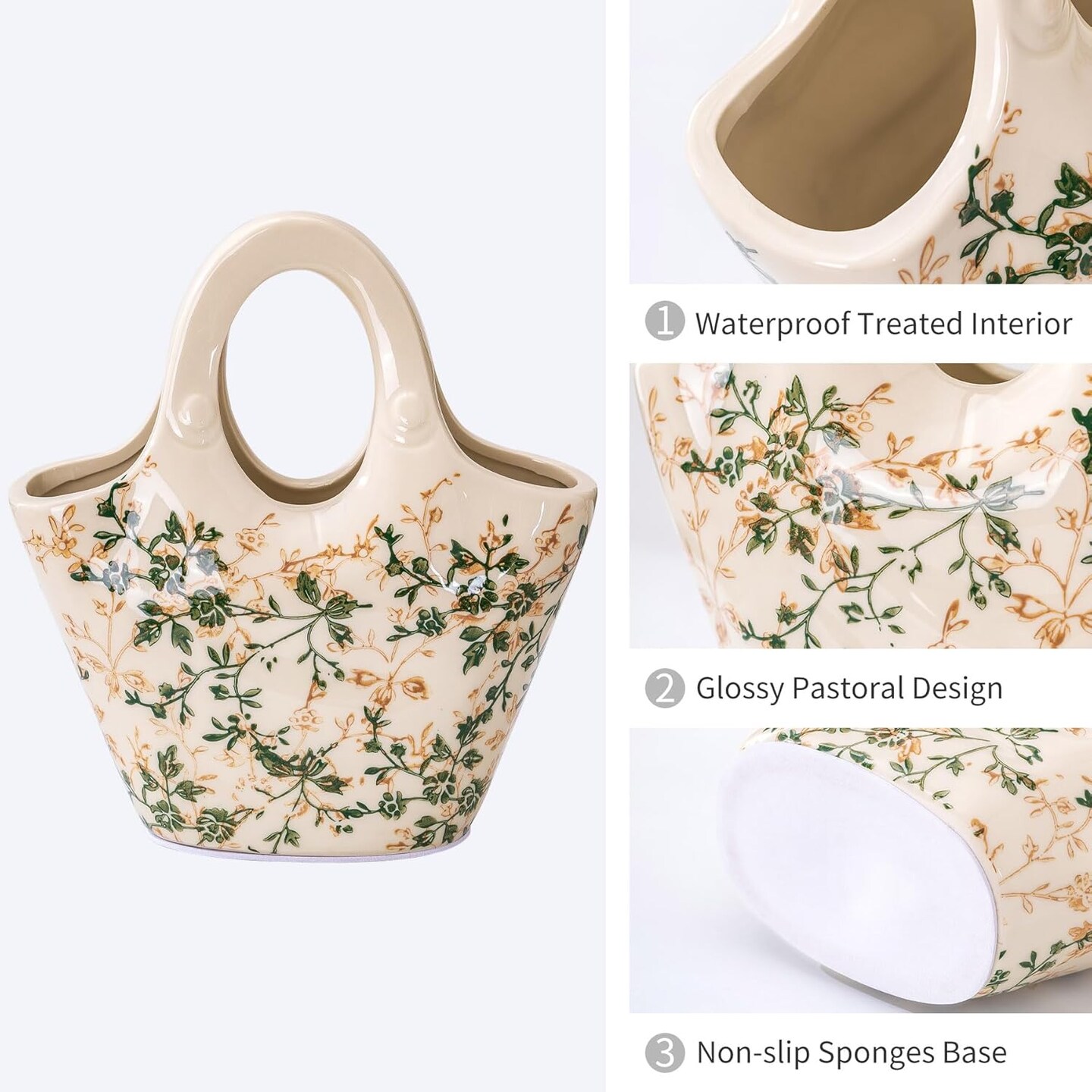 Ceramic Purse Vase for Flowers, Cute Handbag Vase, Vintage Green and Beige Floral Vase, Rustic Farmhouse Vase for Living Room, Kitchen, Bedroom, Table Centerpiece, Chinoiserie and Tuscan Decor 9 Inch