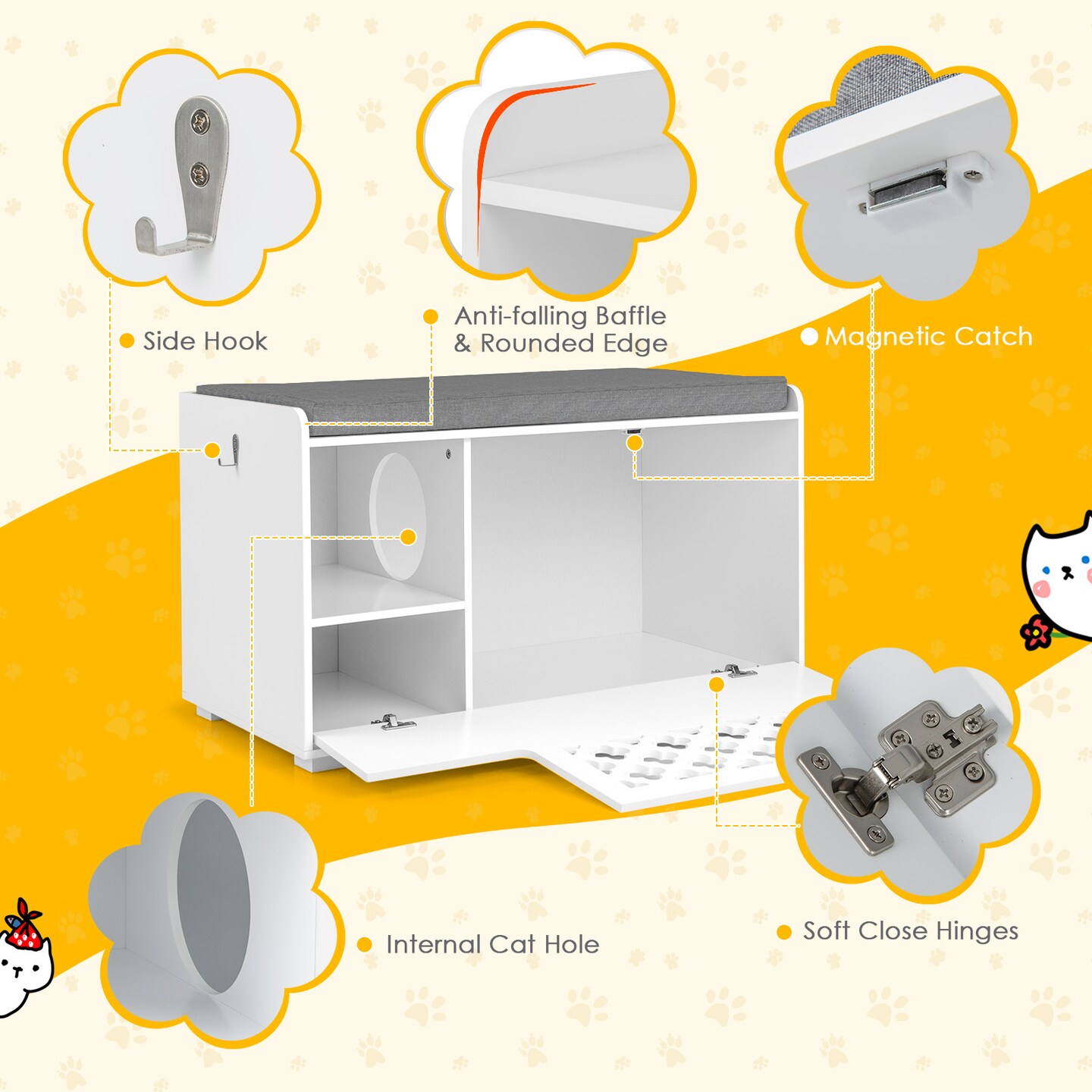 White 4-in-1 Cat Litter Box Enclosure with Removable Cushion and Front Flip Door