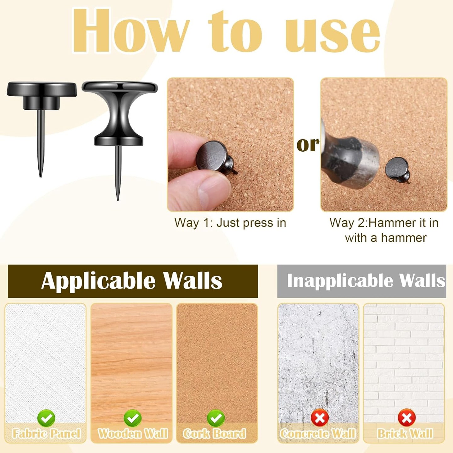 Metal Push Pins, 35 Pieces Large Double Headed Picture Hanging Nails and Black Thumb Tacks for Wall Cork Board Poster Hanging, Wall Pins Wall Tacks for Office Home Decor