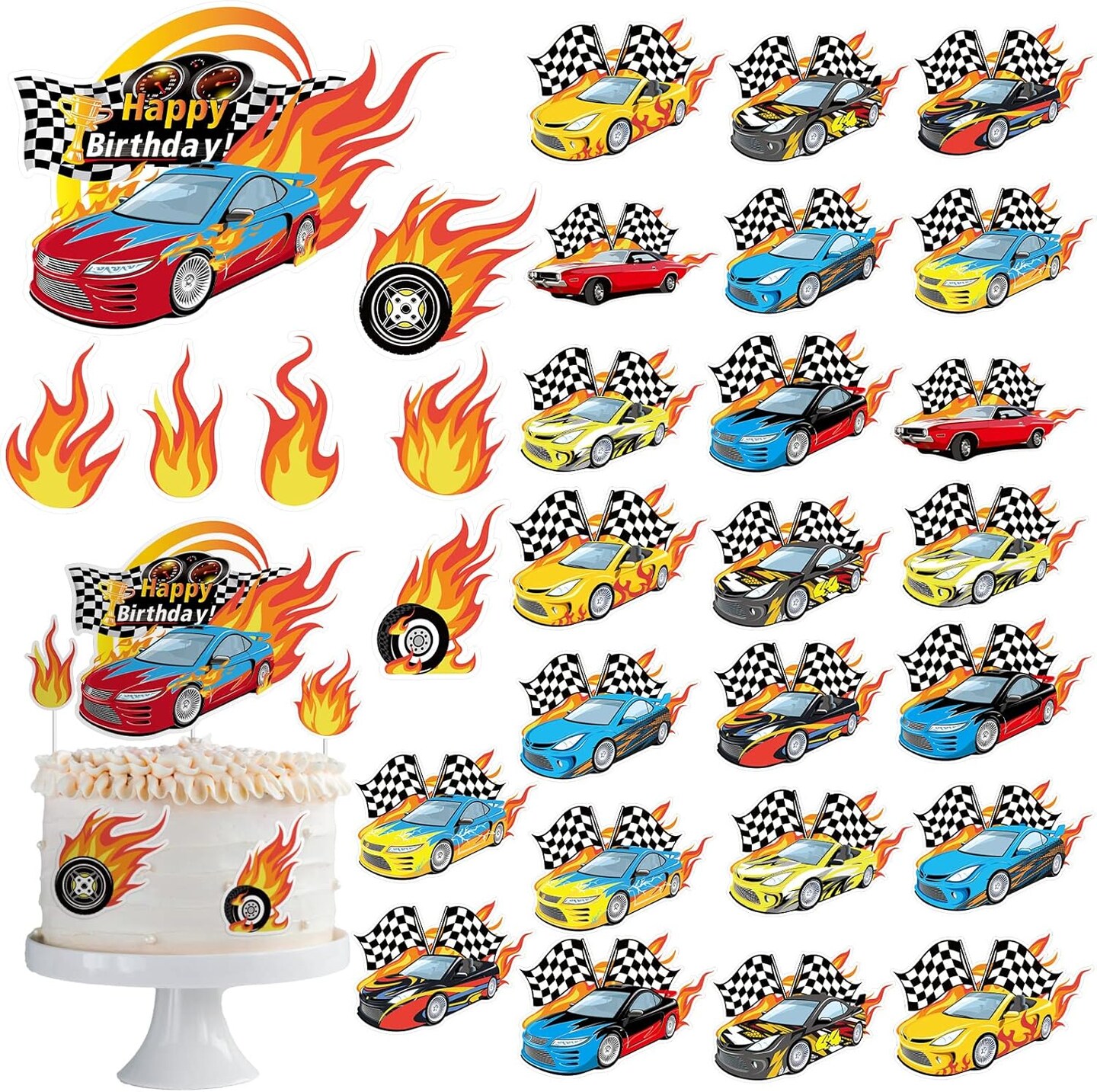 55PCS Race Car Cupcake Toppers – Wheels & Checkered Flag for Birthday Party Decorations