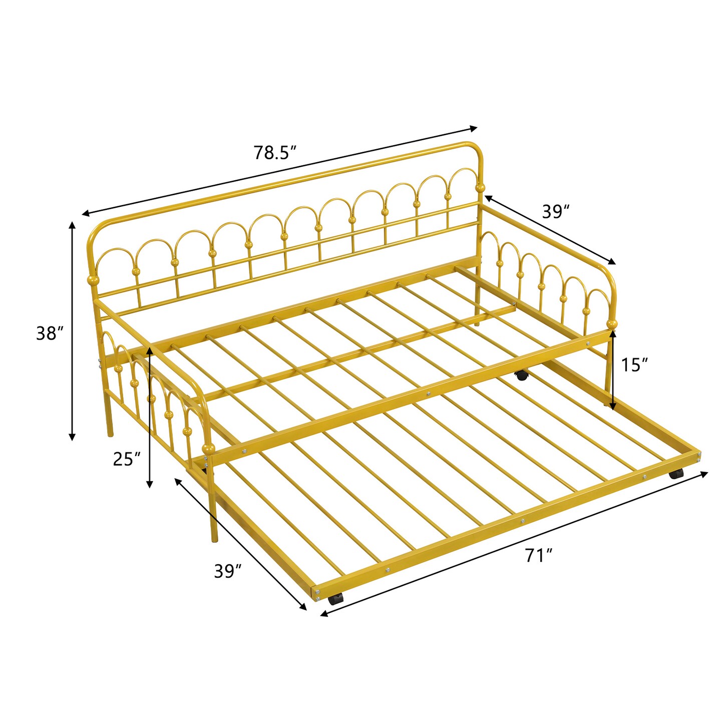 Golden Metal Daybed with Trundle, Lockable Wheels, and 330 lbs Load Capacity