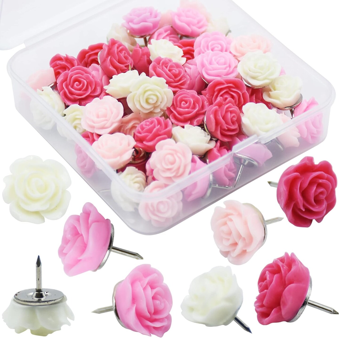 60-Pack Red Rose Decorative Pushpins – Gradient Flower Thumb Tacks for Cork Boards, Office, School, or Home Organization