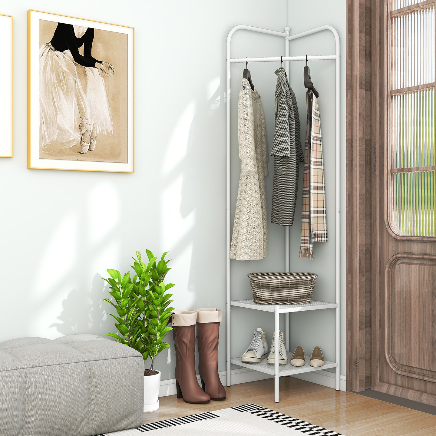 Corner Coat Rack with Top Hanger and 2 Mesh Shelves for Entryway