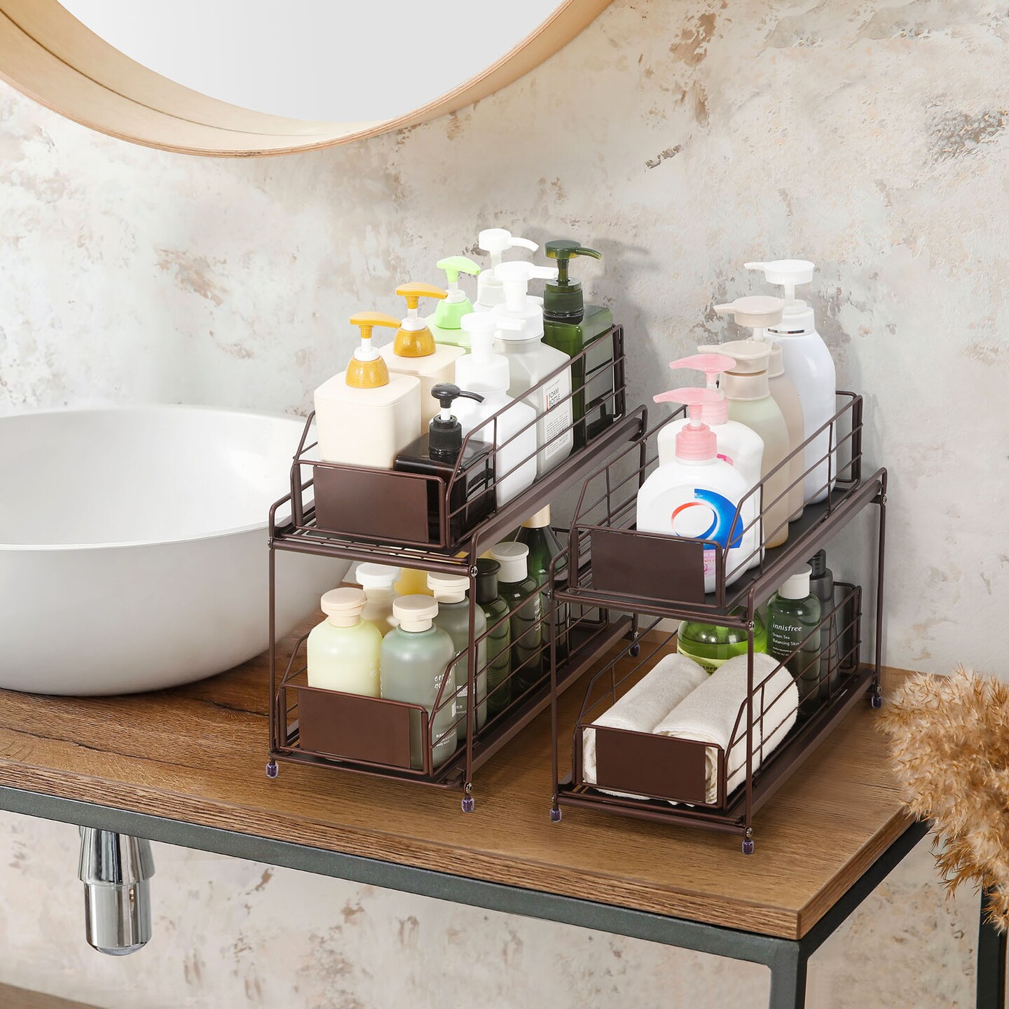 Set of 2 Heavy-Duty Under Sink Organizers with Sliding Drawers &#x2013; Rust-Resistant Metal Frame, 50LB Capacity, Adjustable Storage Baskets for Kitchen/Bathroom (14.17&#x22;L x 7.48&#x22;W)