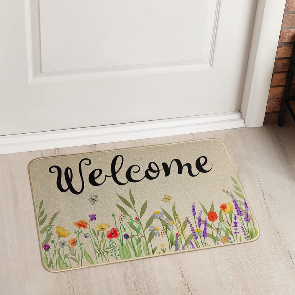 Spring Welcome Doormat 17 x 29 Inch, Flower Decorative Door Mat Non-Slip and Washable Rubber Backed Seasonal Entryway Rugs for Indoor Outdoor DM062