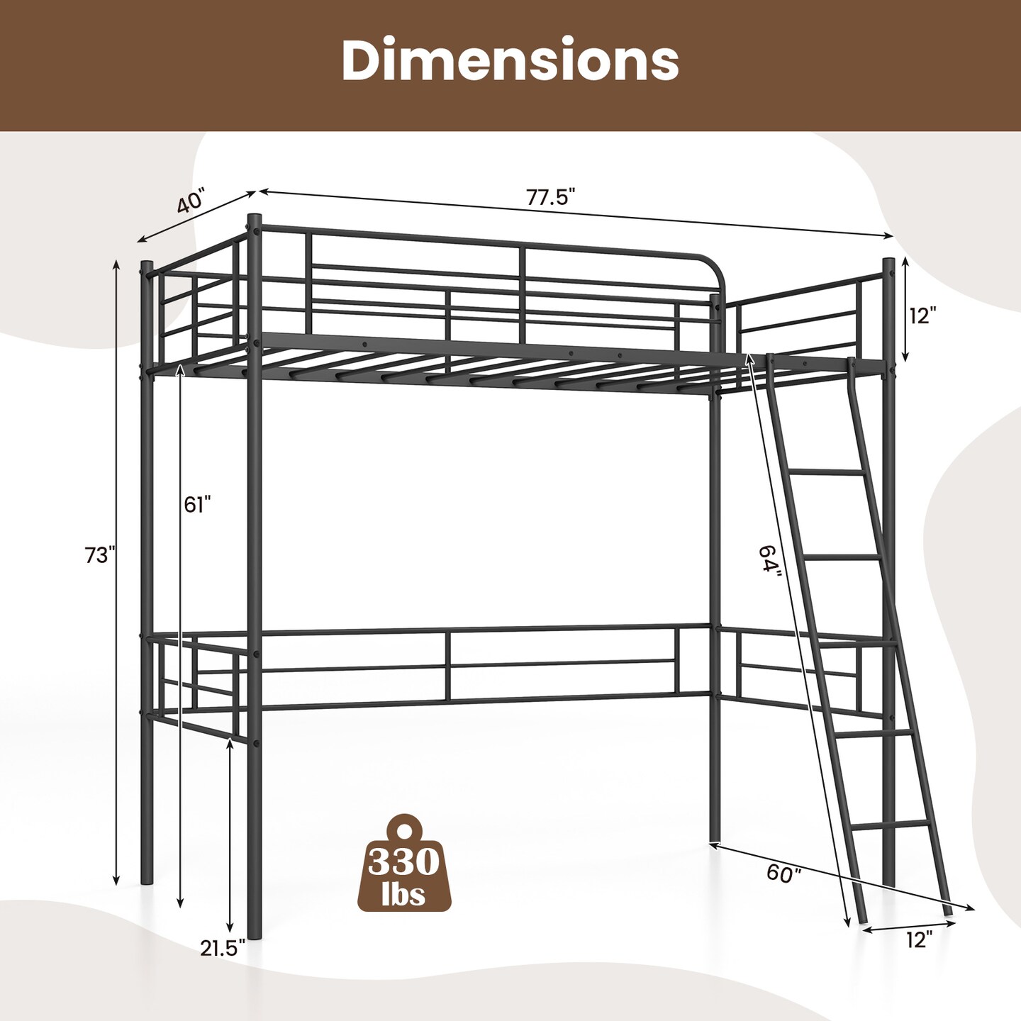 Black Metal Loft Twin Size Bed with Guardrails, Ladder, and Space-Saving Design