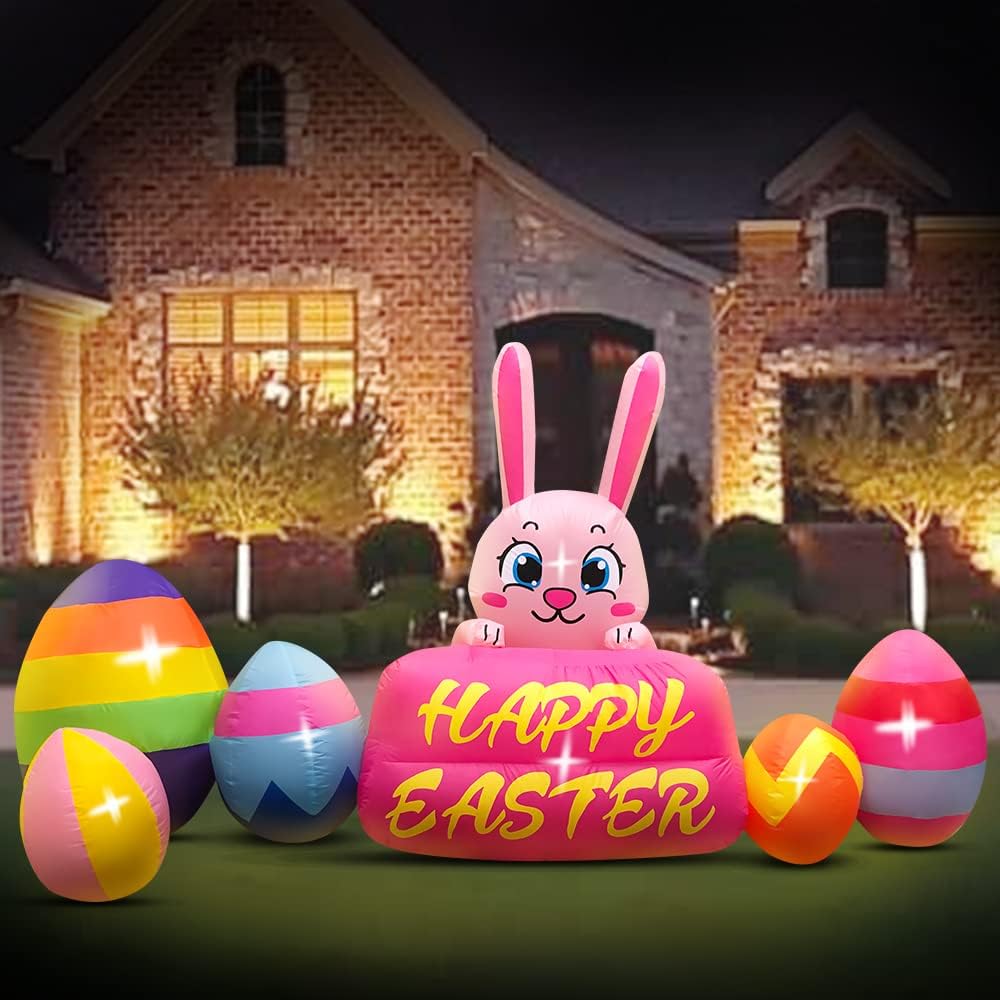 8FT Easter Inflatable Decorations Bunny with Eggs, Build-in LED Lights Holiday Blow Up Yard Decoration, for Easter Holiday Party, Outdoor,Garden, Yard Lawn Decor
