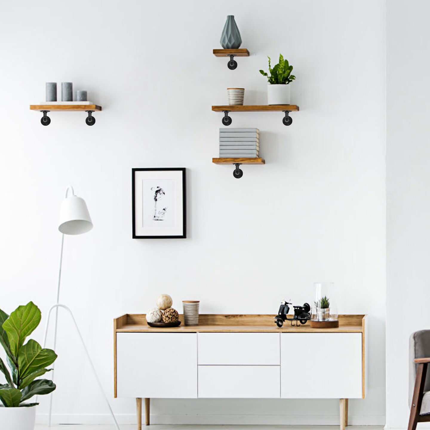 Set of 4 Industrial Pipe Shelf Brackets &#x2013; Heavy Duty Wall-Mounted Floating Shelves for Kitchen, Bathroom, Office &#x2013; Rustic DIY Storage (Black Steel, 5.9&#x22; Arm)