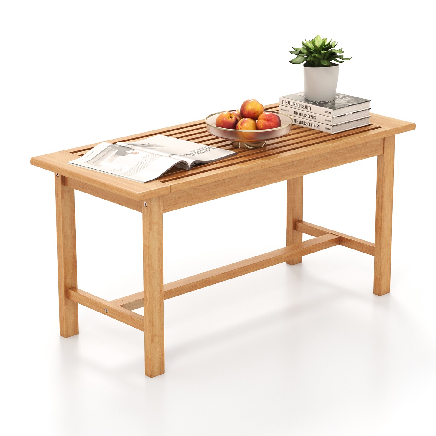 Natural Teak Wood Coffee Table with Slatted Top, Cross Structure and Outdoor Use