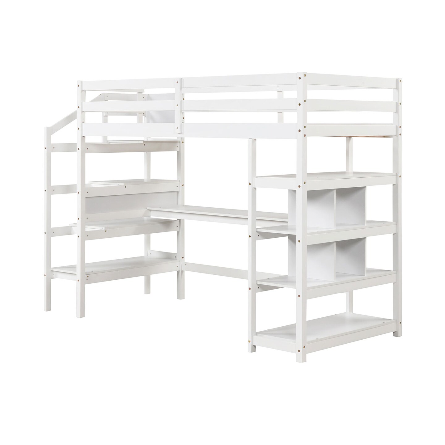 White Twin Size Loft Bed with Desk, Storage Stairs, Shelves and Safety Guardrails