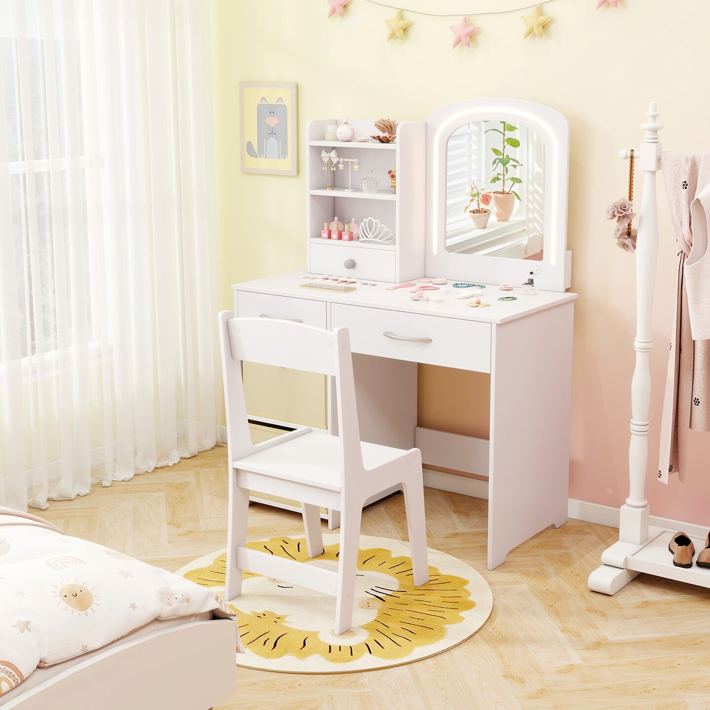 White MDF Kids Vanity Set with LED Mirror, Storage Drawers and Child-Safe Features