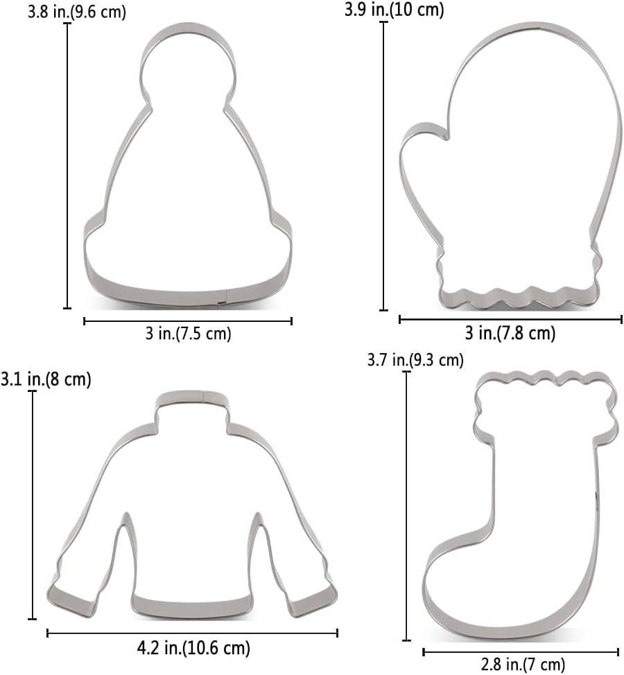 Winter Holiday Christmas Cookie Cutter Set - 4 Piece - Ugly Sweater, Stocking, Hat and Mitten Fondant Biscuit Cutters - Stainless Steel