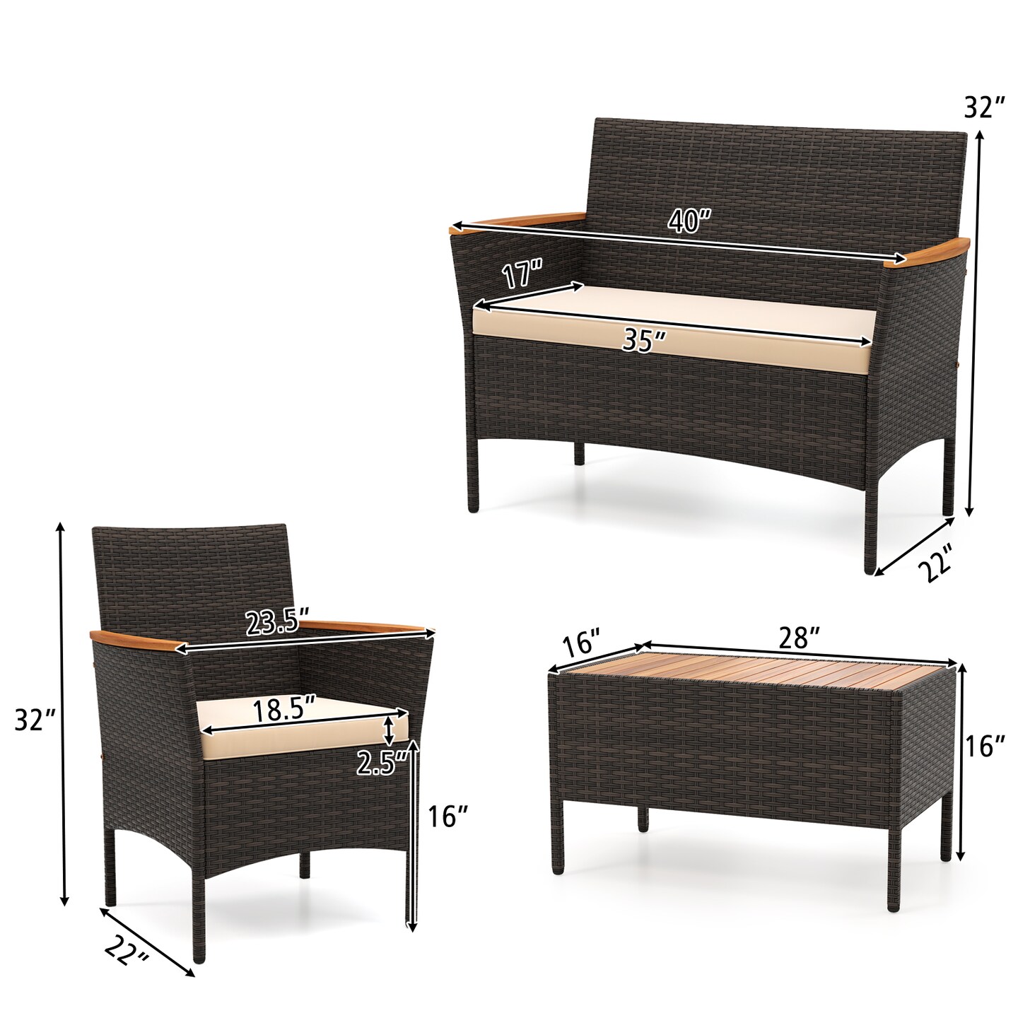 4 Piece Patio Wicker Metal Frame Conversation Set with 2 Rattan Chairs and Loveseat
