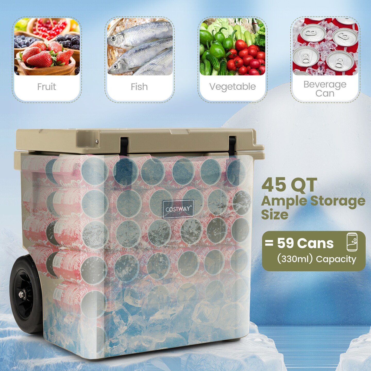 Sand 45 Quart Cooler Towable Ice Chest with 3-Position Adjustable Handle and Smooth-Moving Wheels