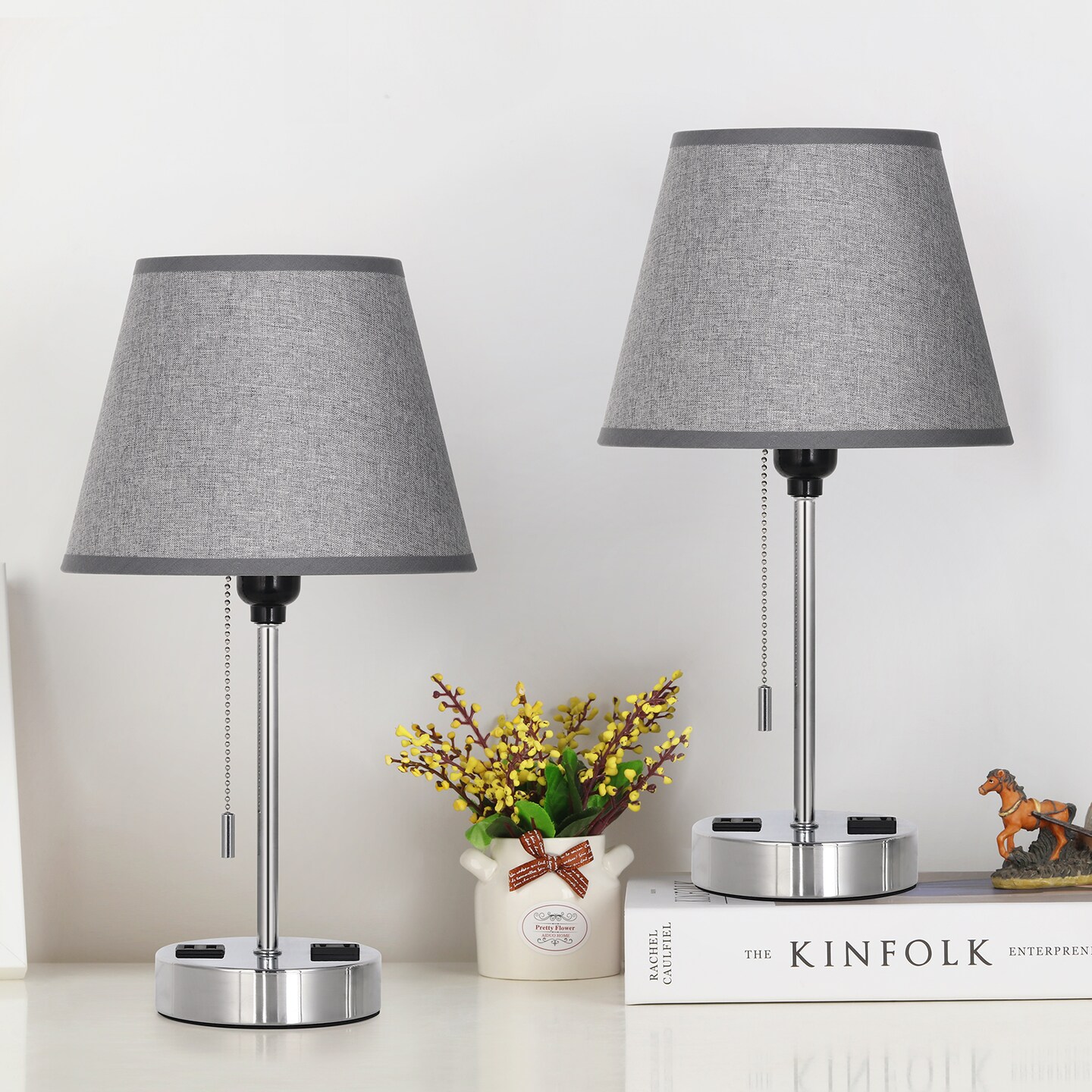 Set of 2 Grey Shade Silver Base Bedside Lamps – Modern Nightstand Table Lamps for Bedroom, Office, or Dorm