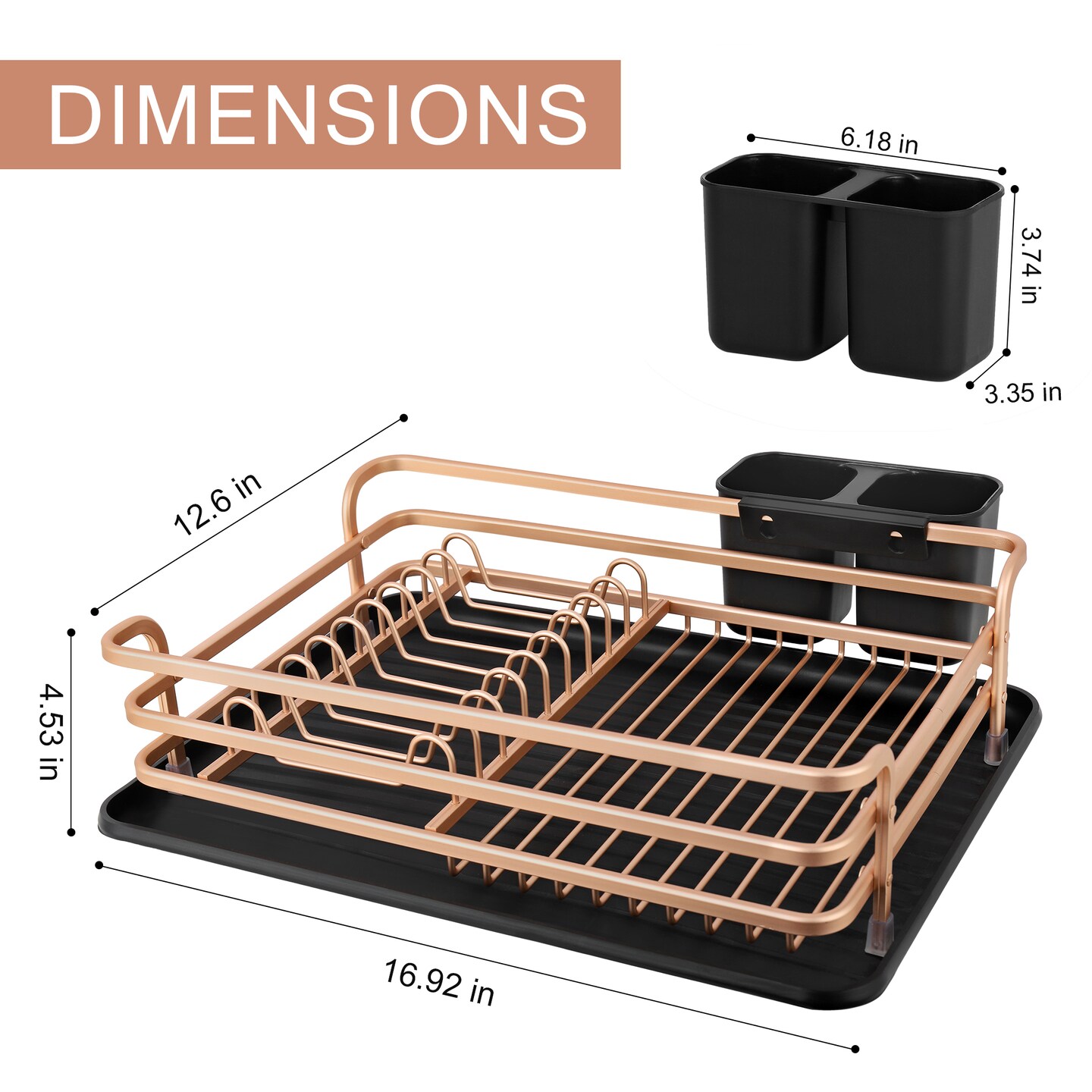 Smart Space-Saving Steel Dish Drying Rack with Removable Cutlery Holder & Drainer Tray – Anti-Slip Base – Compact for Apartments (16.92”L x 12.4”W)