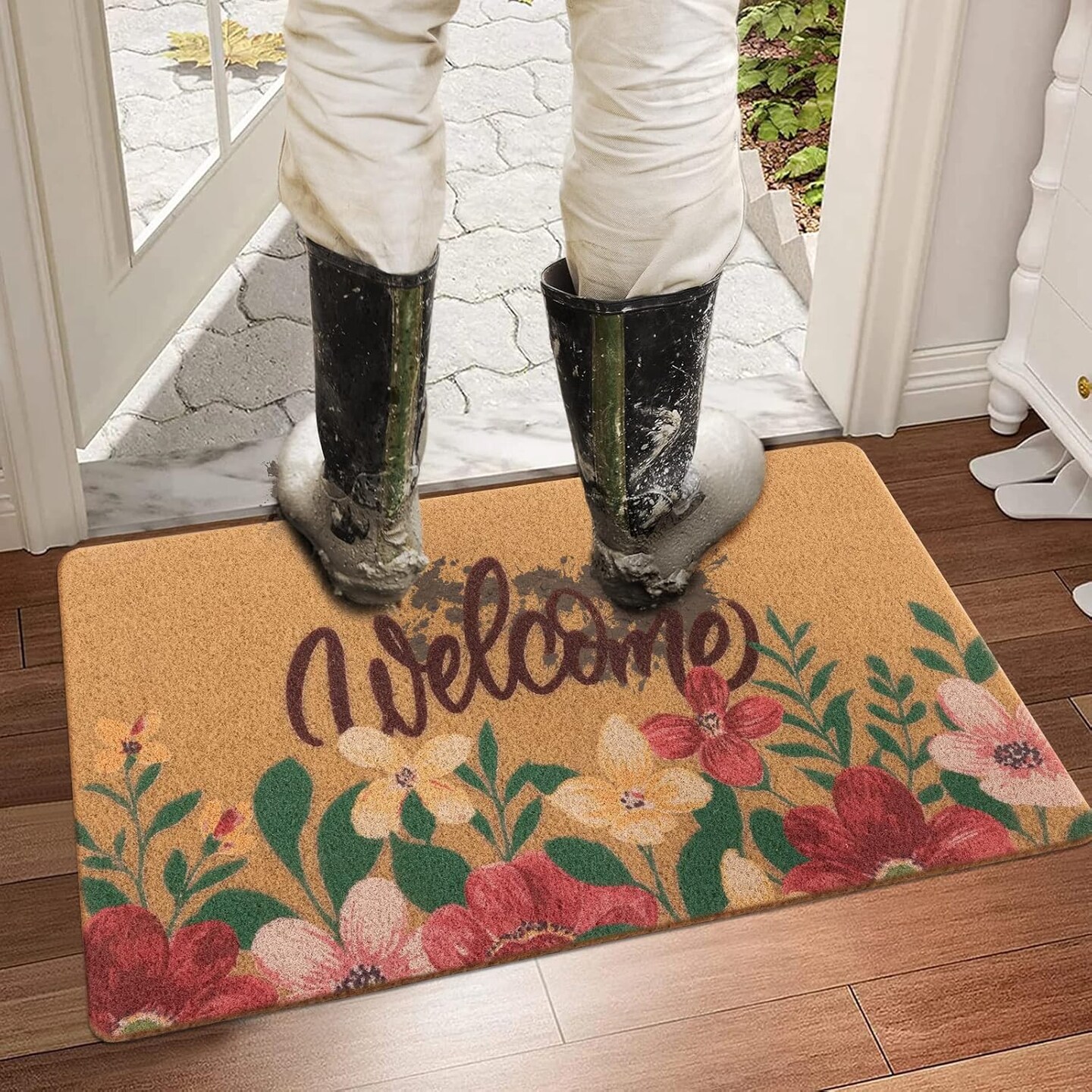 Artificial Coir Doormat with Non-Slip Backing for Indoor and Outdoor 17 x 30 inch Front Door Welcome Mat Spring Summer Seasonal Doormat,Welcome Flowers