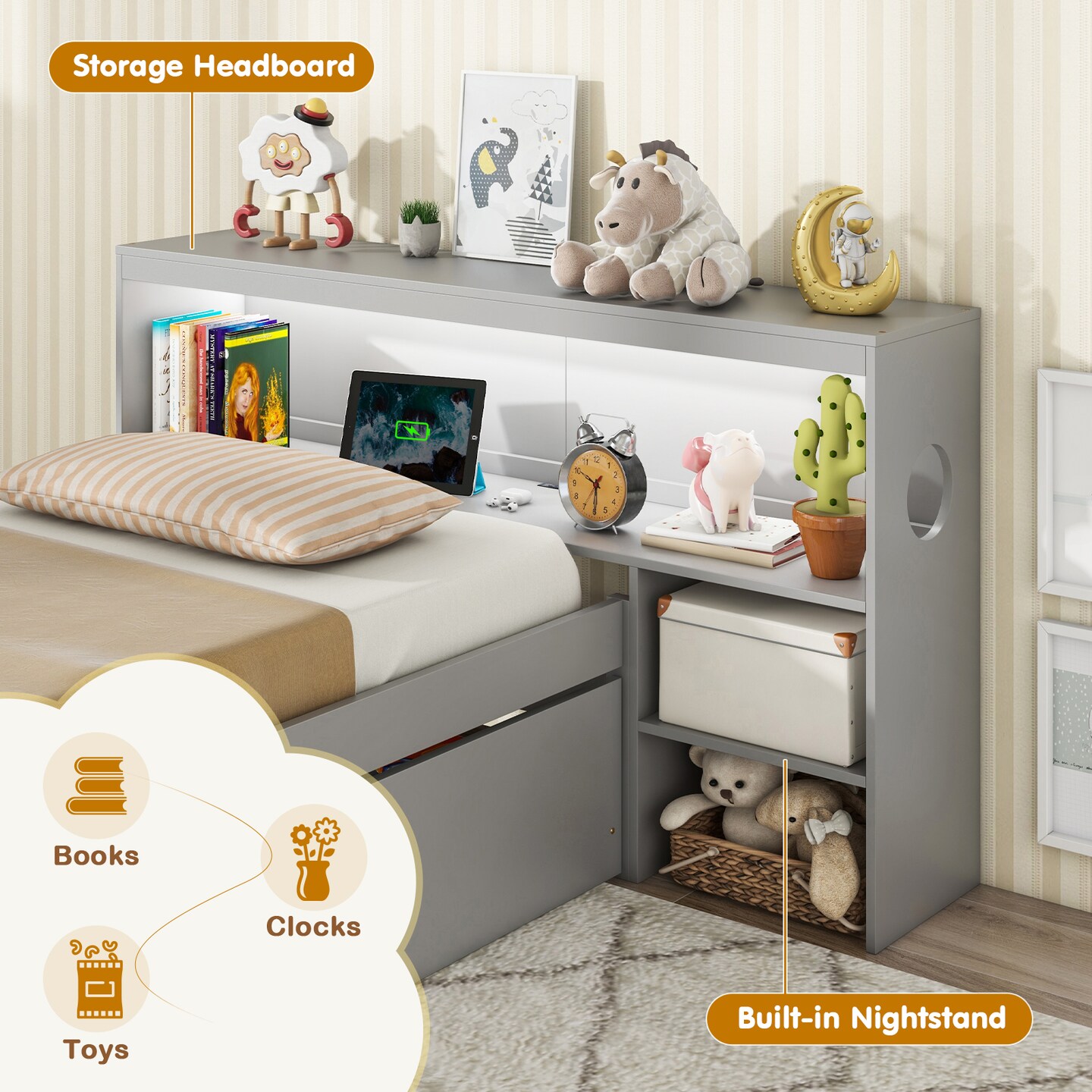 Solid Wood Bed with Storage Headboard, LED Light, USB Ports and Drawers