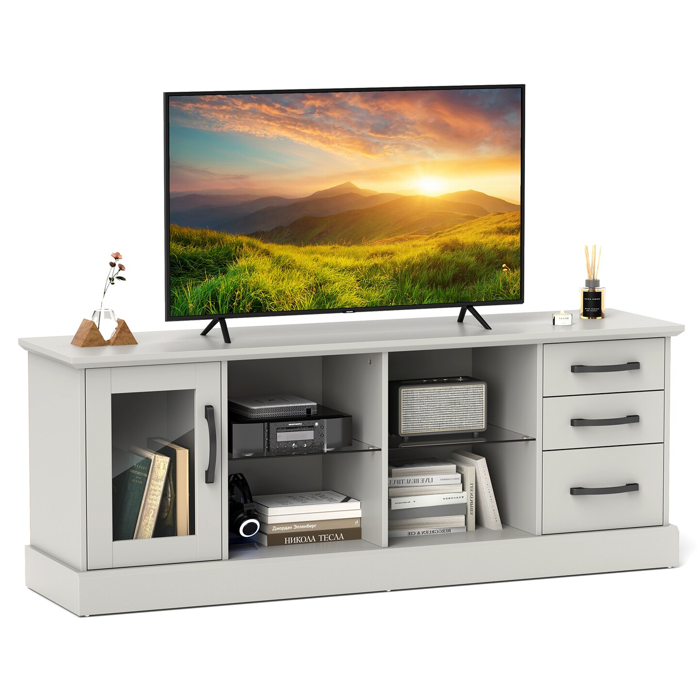 63 Inches Entertainment Center with 3 Storage Drawers and Removable Glass Shelves