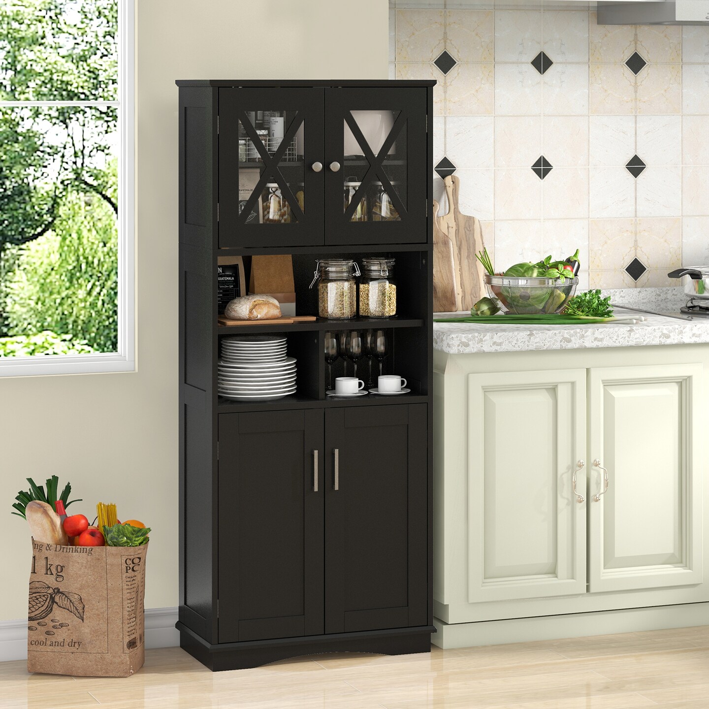 57-Inch Tall Freestanding Bathroom Storage Cabinet with 3 Adjustable Shelves and Acrylic Doors