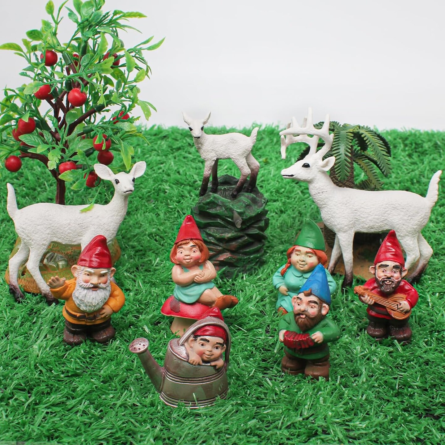 9-Piece Gnome Family Dwarf Figures - Whitetail Deer Set, Model Gnome Figures, Forest Woodland Animals, Tabletop Decor, Cake Decor Supplies