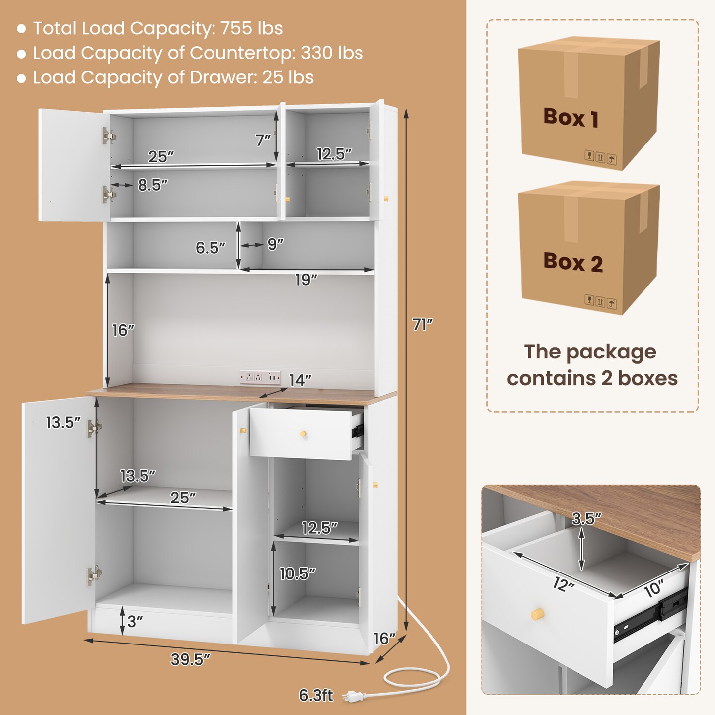 White MDF Engineered Wood Kitchen Pantry Cabinet with Power Outlets