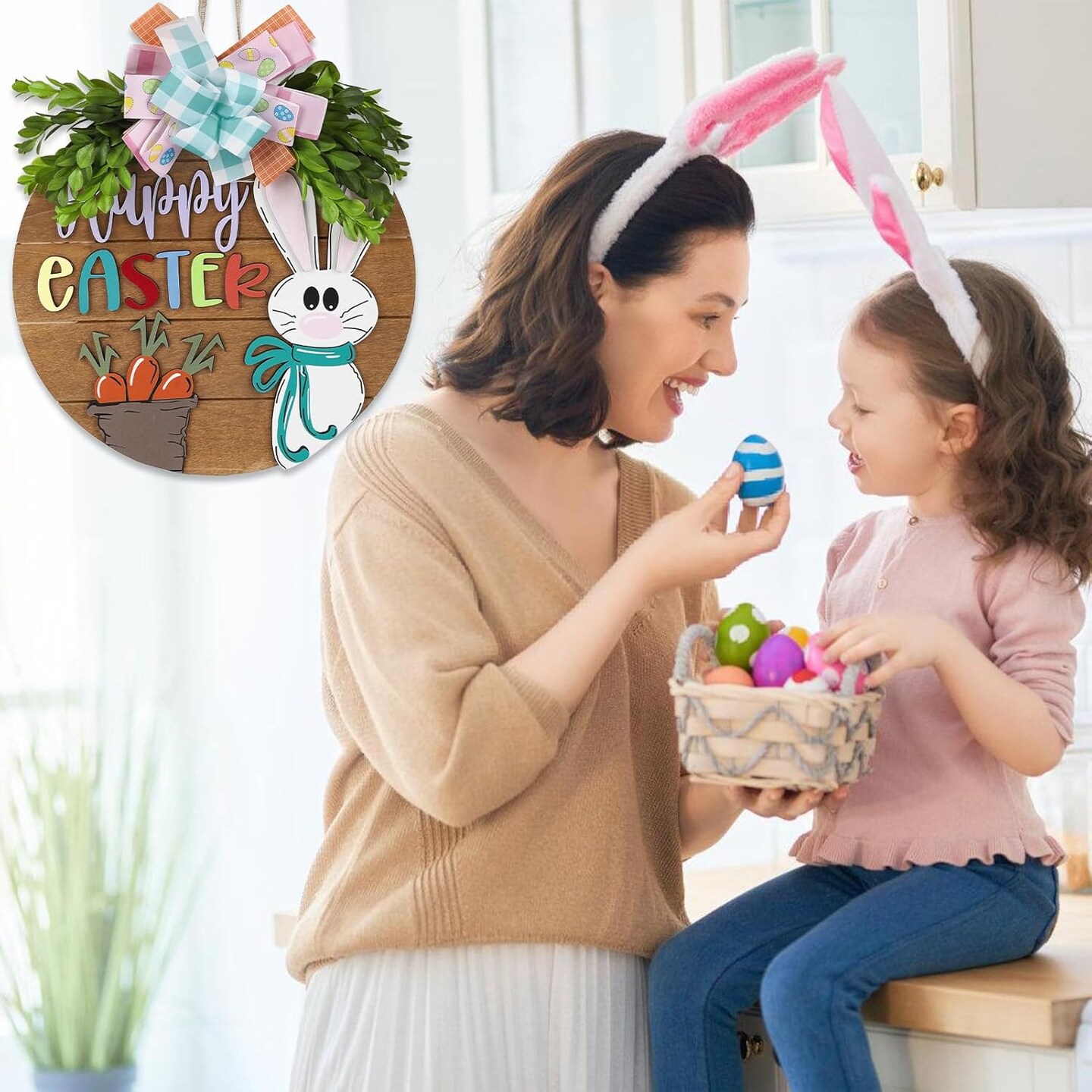 Easter Wreaths for Front Door,Easter Door Wooden Hanging Sign Happy Bunny Wreath Porch with Bow Decoration,Bunny Rabbit Spring Decorations for Home Decor (Pink)