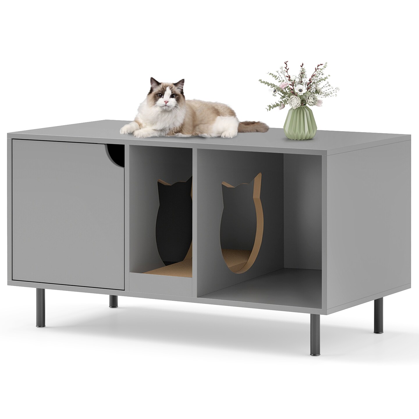 Engineered Wood Cat Litter Box Cabinet with Scratcher and Storage