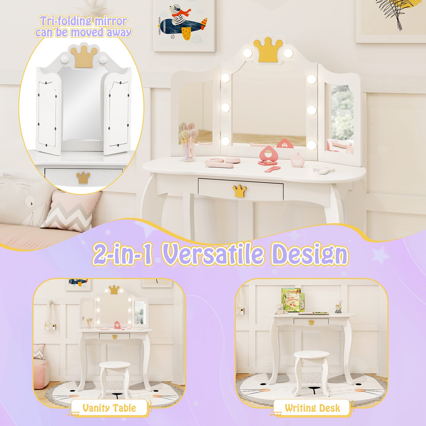 MDF and Acrylic Kids Vanity Set with Tri-Fold Mirror, LED Lights and Storage