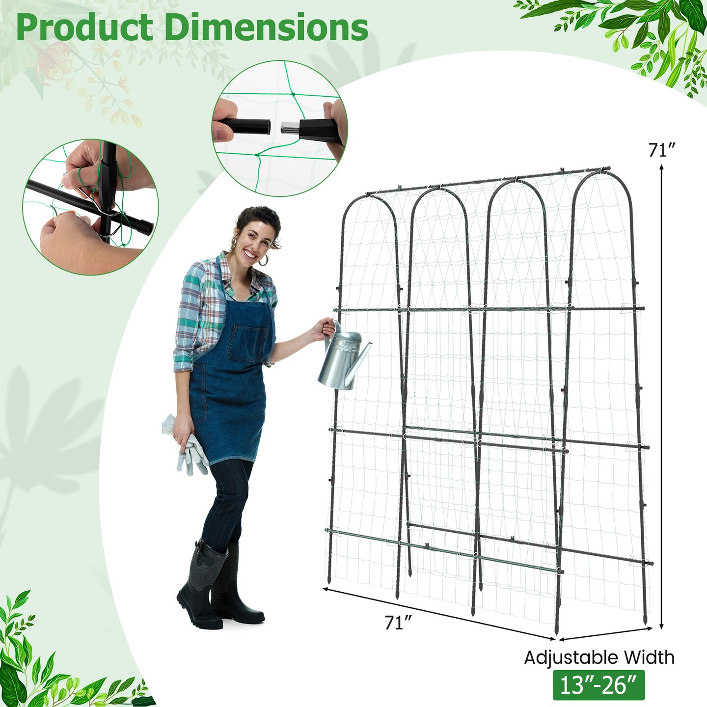 Garden Cucumber Trellis with Adjustable U-Shaped Frame and PE-Coated Metal