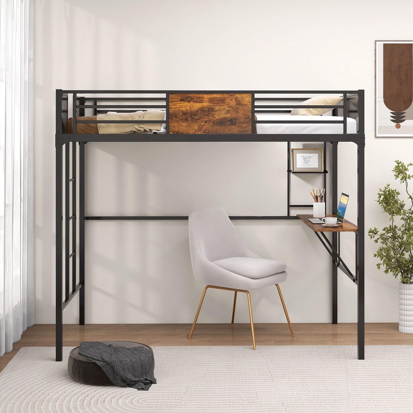 Rustic Brown Metal Twin Size Loft Bed with Desk, Shelf, Ladder and Safety Guardrail