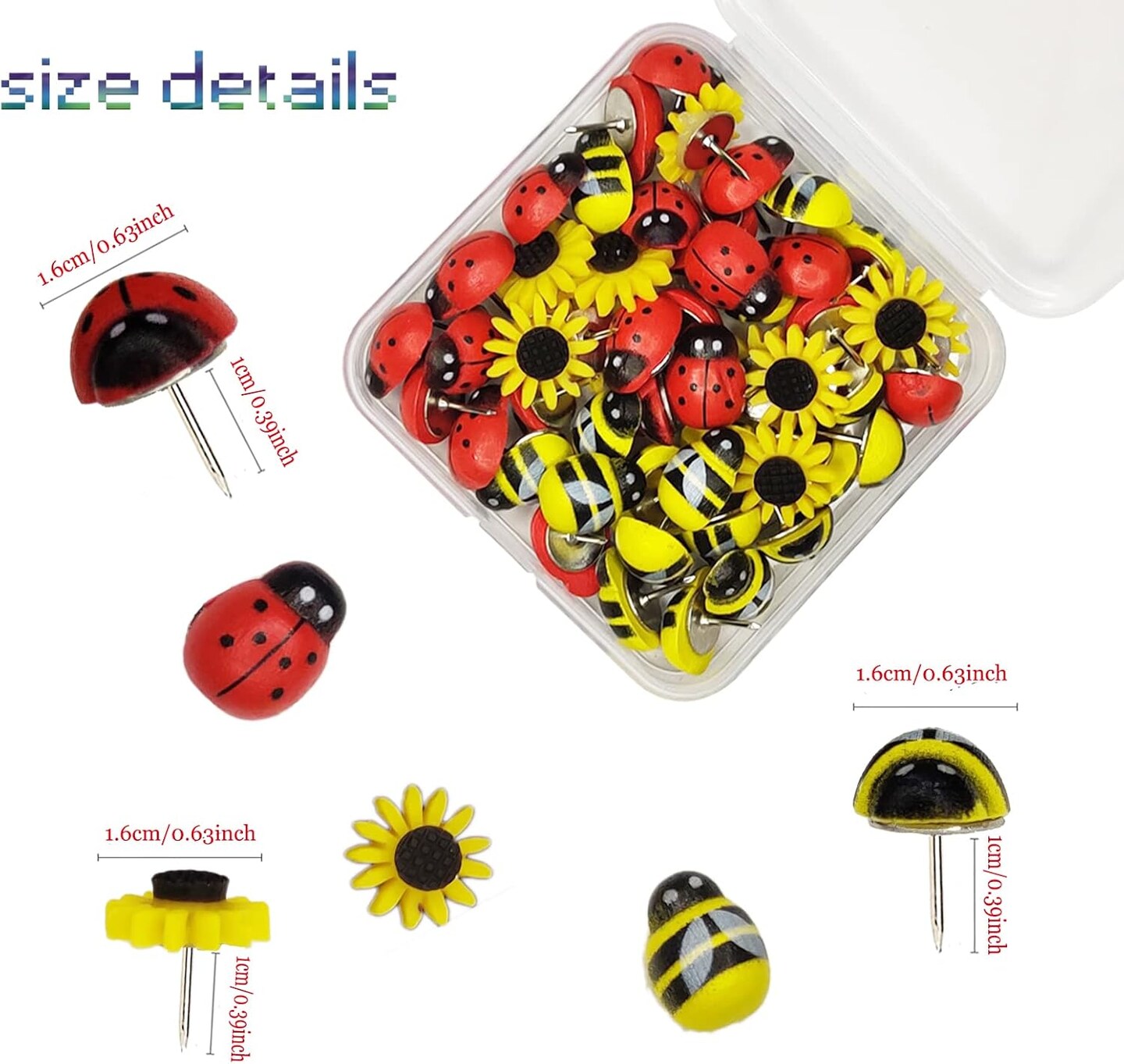 50 Pcs Animal Push Pins, Bee Pushpins Sunflower Thumbtacks Decorative Bumble Bee Shaped Floret Thumb Tacks Decorations for Photo Wall Memo Cork Board Bulletin Board Map with Box