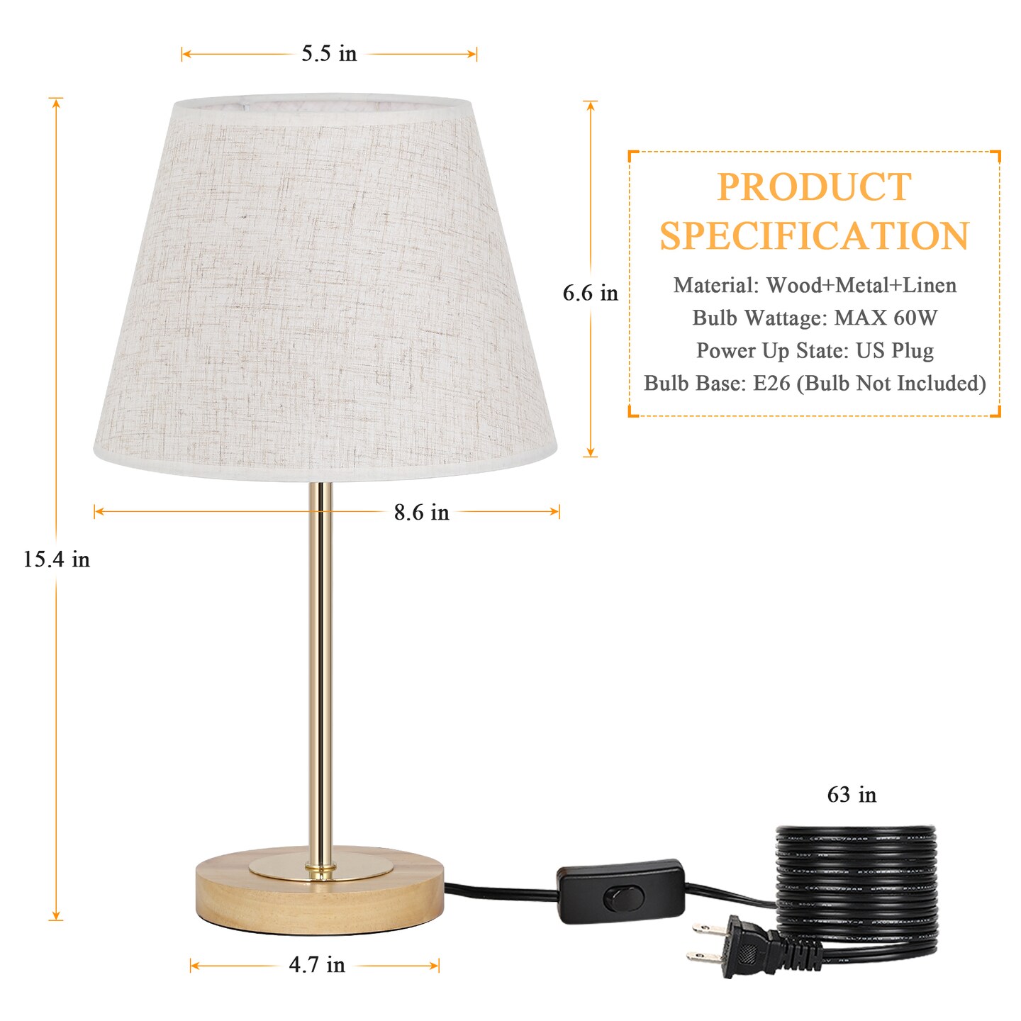 Set of 2 Wooden Bedside Table Lamps with Linen Shade – Modern Desk Lamps for Bedroom, Office, Nursery – UL Certified, Warm Eye-Caring Light, Compact 15.4" Height