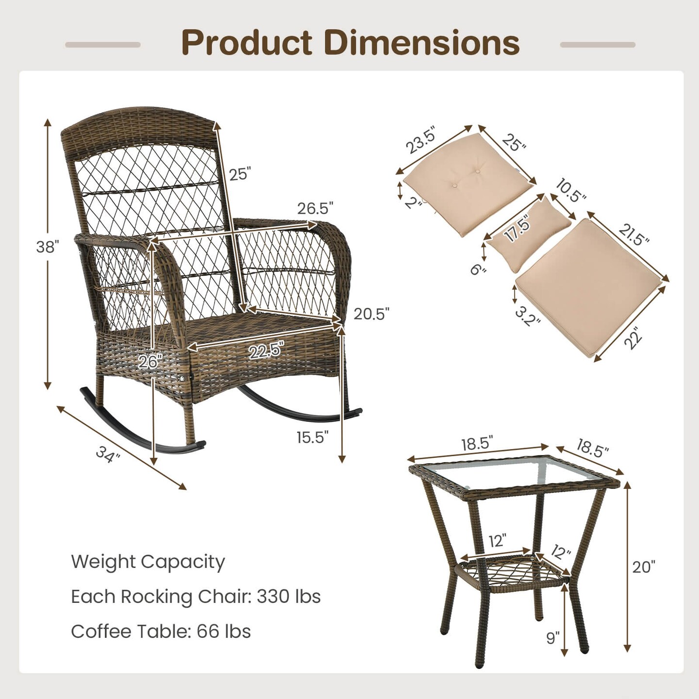 3 Pieces Outdoor Conversation Set Including 2-Tier Glass Coffee Table with Metal Frame