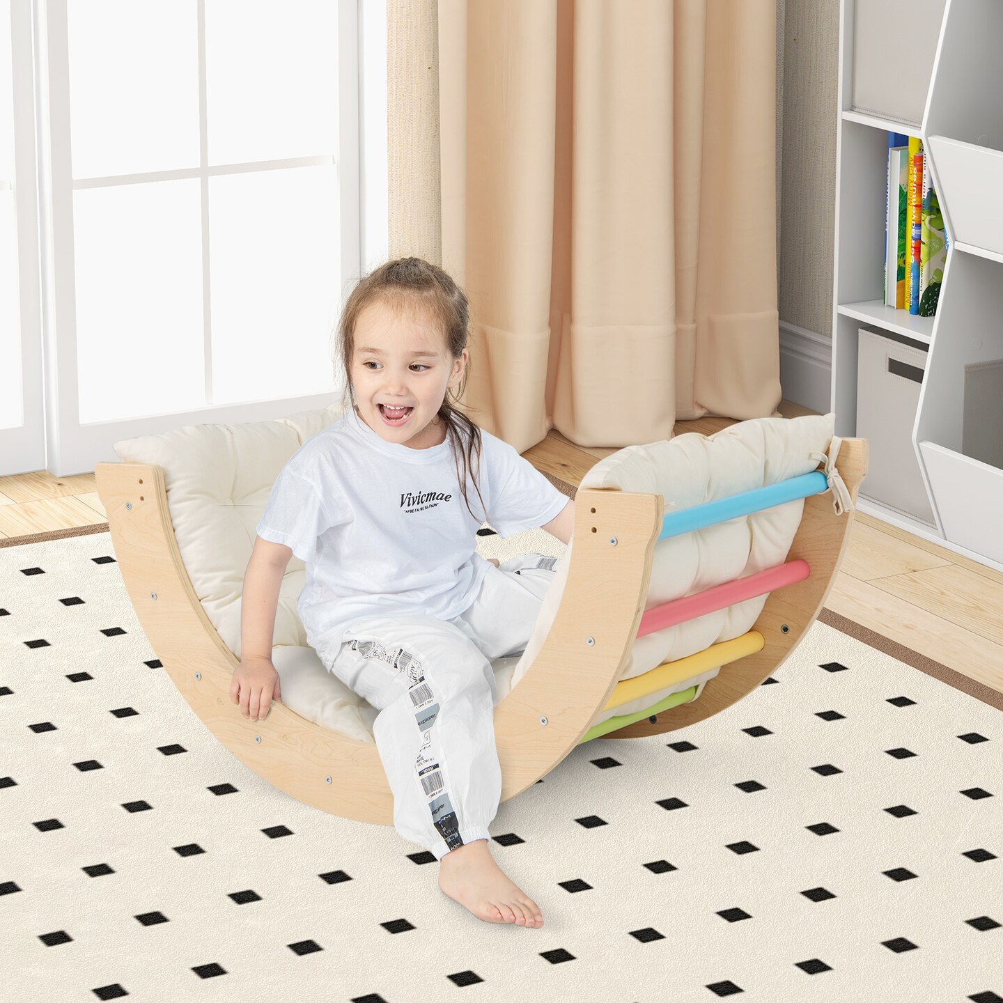Wooden 6-in-1 Kids Climbing Arch Playset with Cushion, Storage Bin and Safety Features