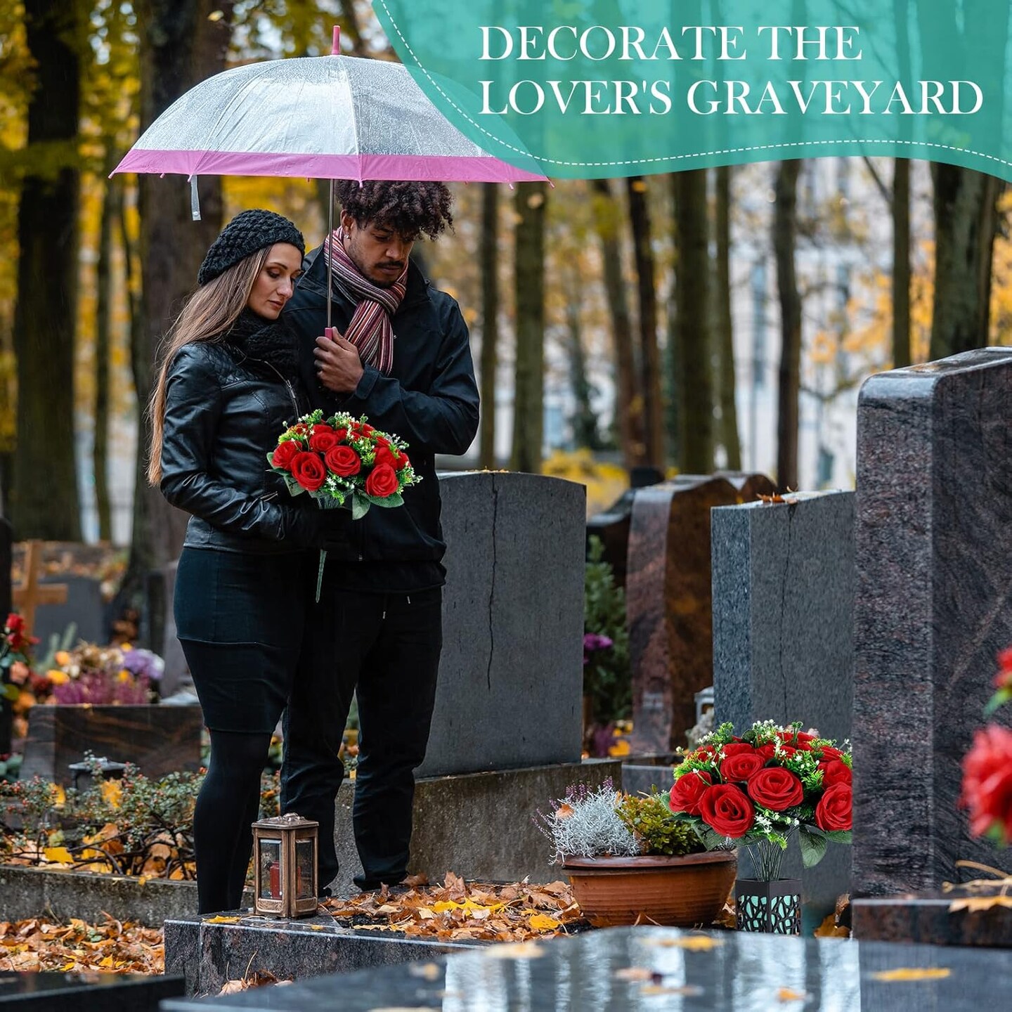 2 Sets Artificial Cemetery Flowers 36 Heads Rose with 2 Grave Markers Flower Holder Vase with Drainage Hole Long Spikes and 2 Floral Foam Blocks for Outdoor Memorials (Red)