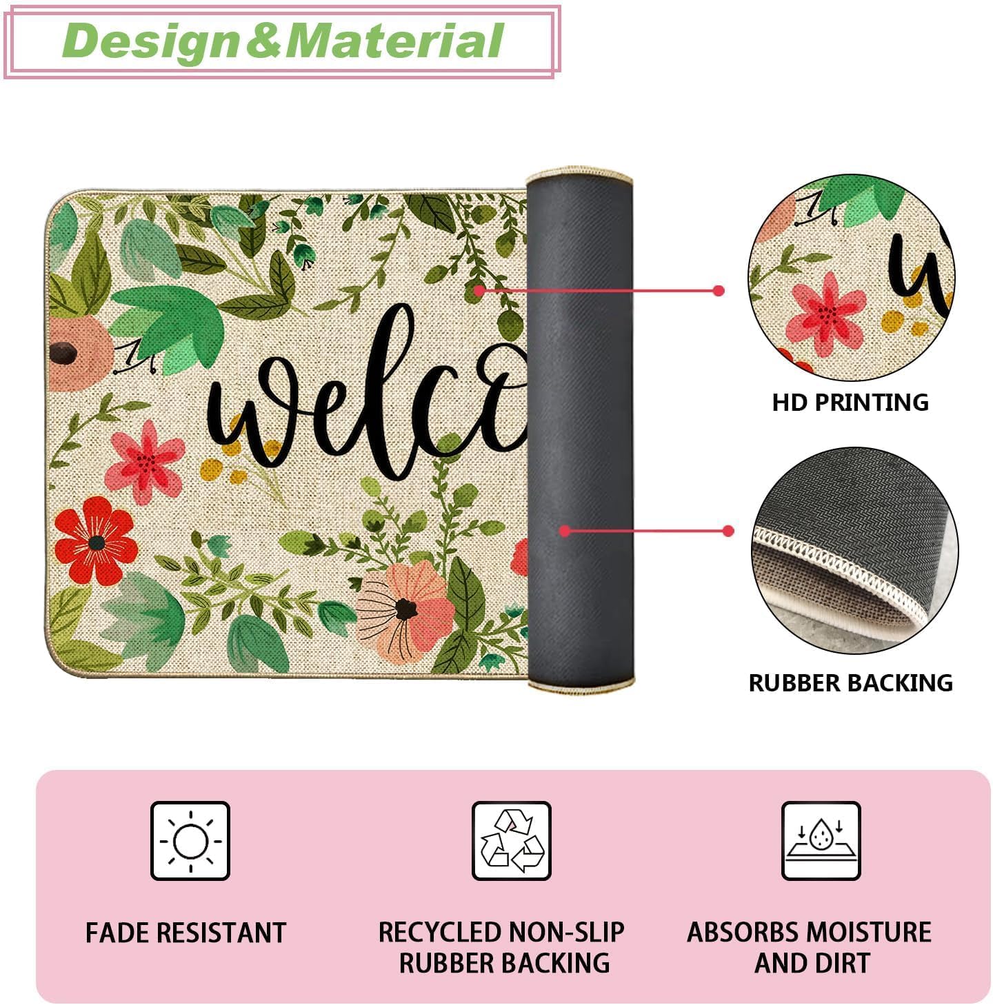 Spring Summer Floral Doormat Rug Boho Flower Leaf Welcome Outdoor Outside Doormat Mat Non Slip Rubber Backing Entrance Seasonal Indoor Front Kitchen Decoration 17 x 29 Inch