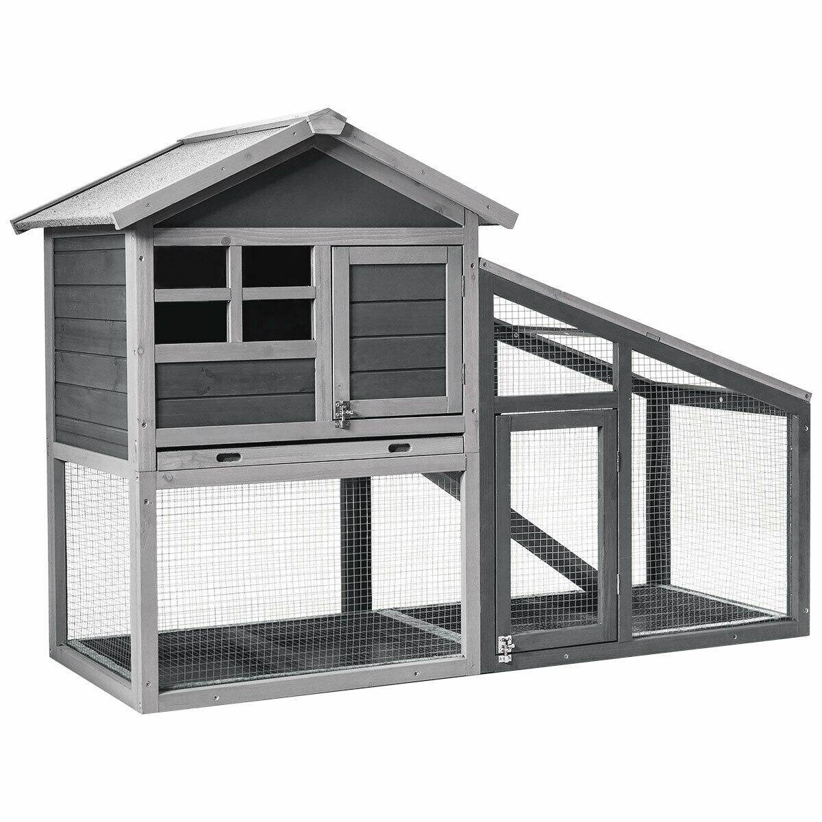 56.5 Inch Grey Wooden Rabbit House with Pull out Tray and Ramp Ideal for Small Animals