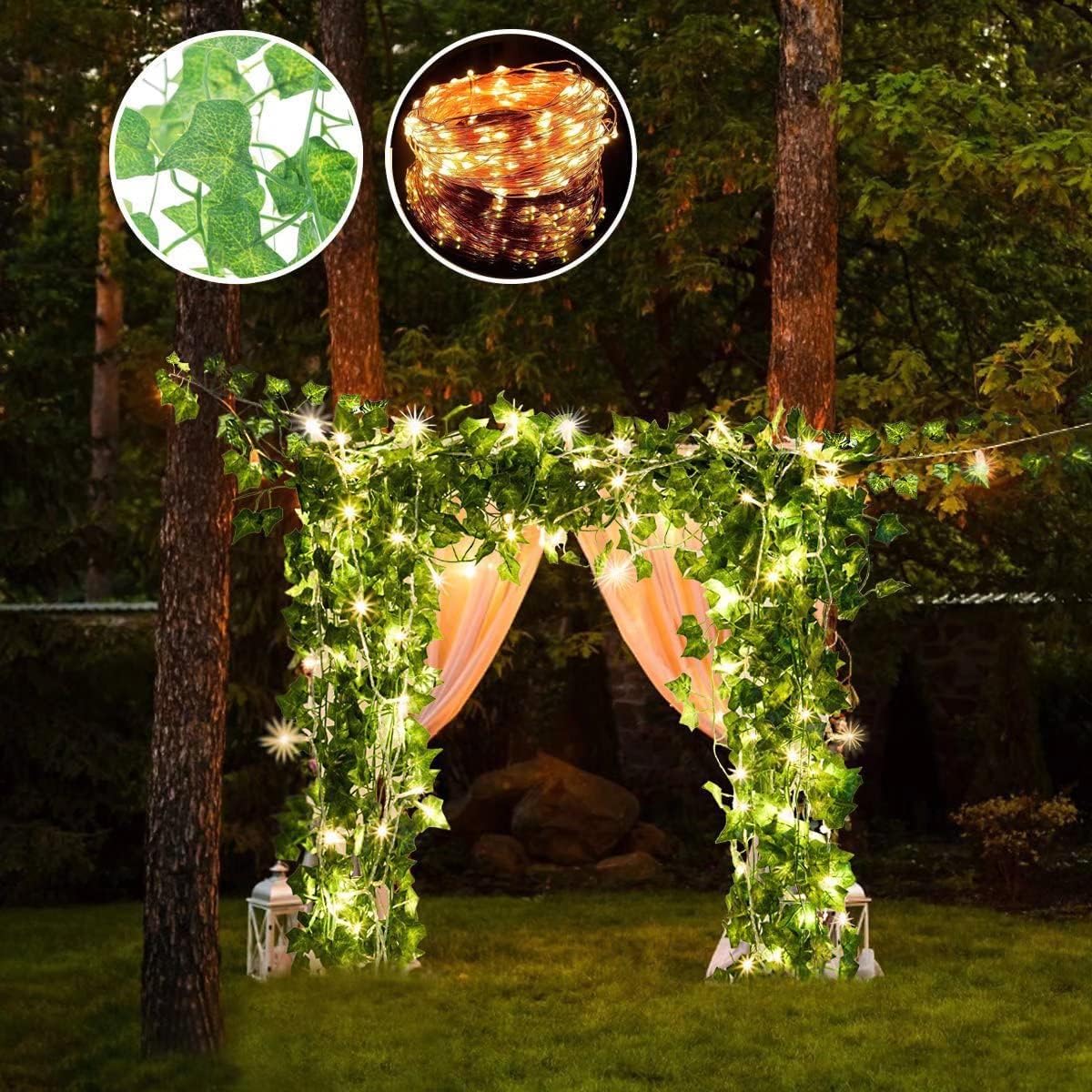 Artificial Ivy Garlands with String Light Fake Vines for Bedroom Decor Ivy Leaves Greenery Faux Hanging Plants Green Flowers Decor for Home Kitchen Garden Office Wedding Wall
