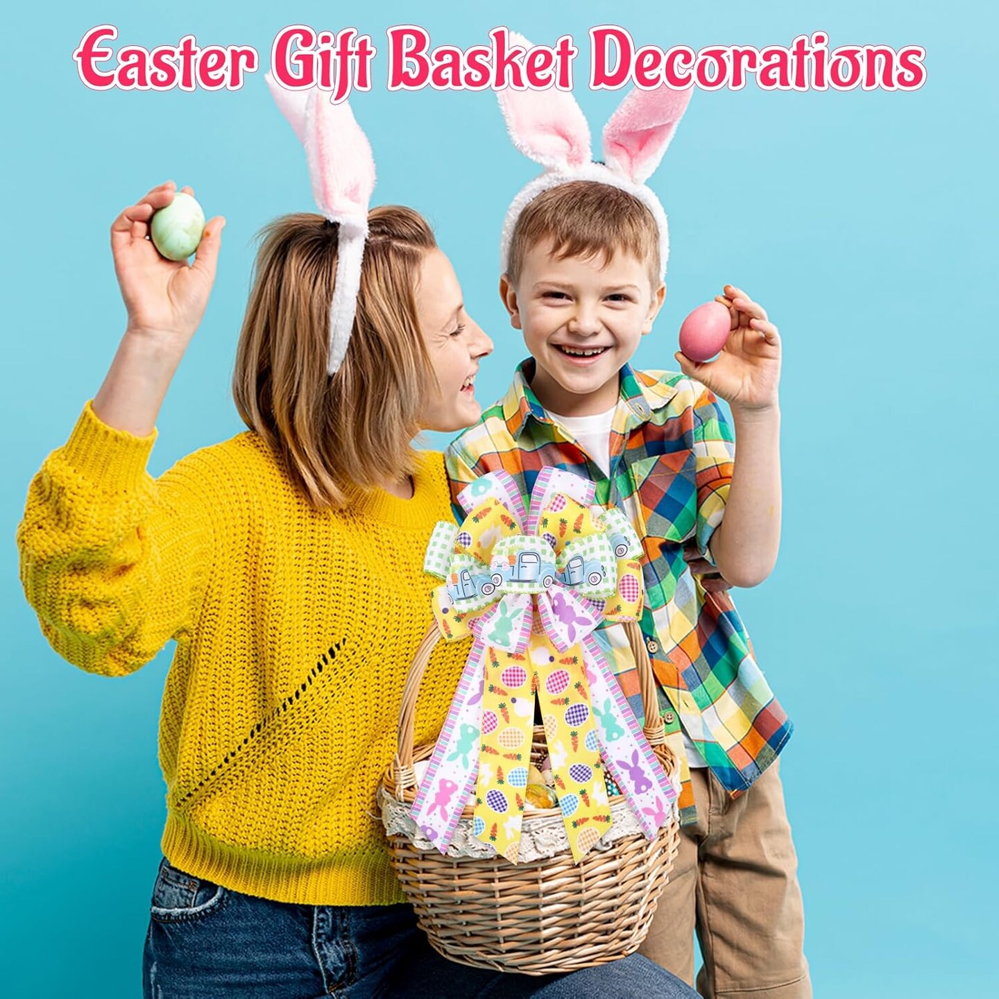 Easter Bows for Wreaths, Large Easter Basket Bow Decorations with Bunny Colorful Eggs, Yellow Green Burlap Bow for Front Door, Indoor, Outdoor Decora