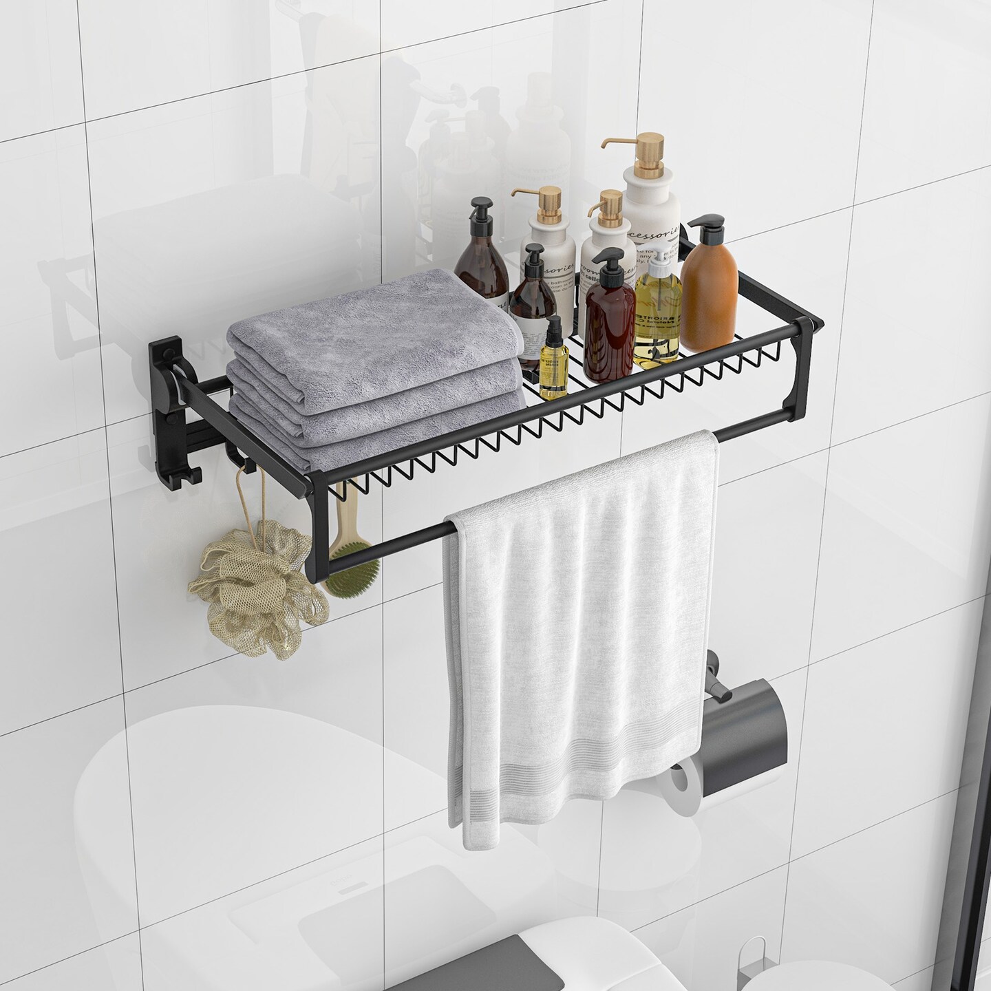 Foldable Space Aluminum Wall Towel Rack with Hooks &#x26; Shelf &#x2013; Black