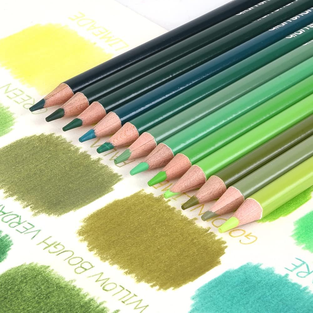 12 Green Colored Pencils Oil Based Pre-sharpened Wooden Colored Pencil Set for Adults Coloring Books Drawing Sketching Art Supplies, No Duplicates