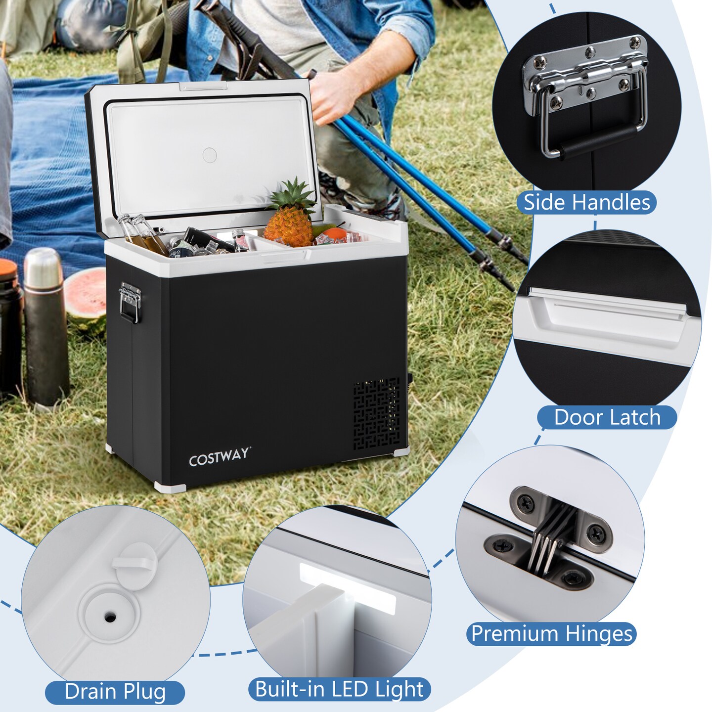 Black 53 Quart Portable Dual Zone Car Refrigerator with LED Display Touch Control