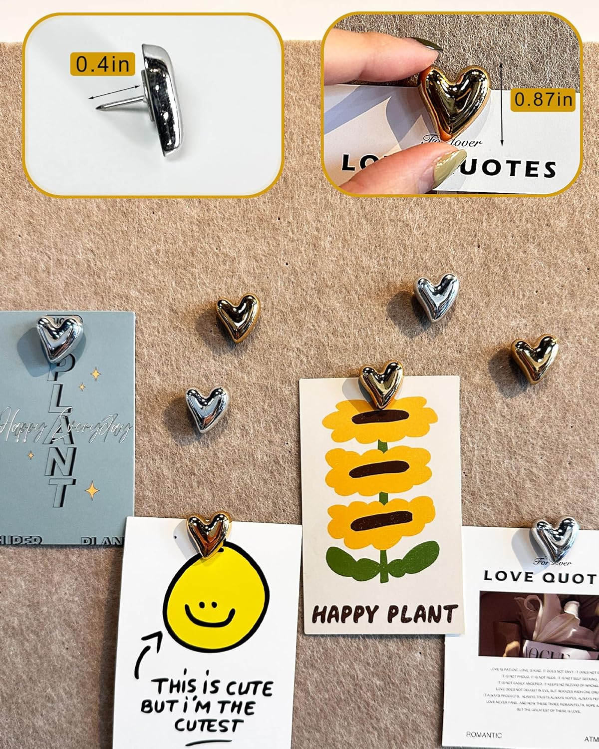 30 pcs - Heart Decorative Pins, Gold Silver Cute Pins for Bulletin Board, Office or Home (30 pcs - Gold)