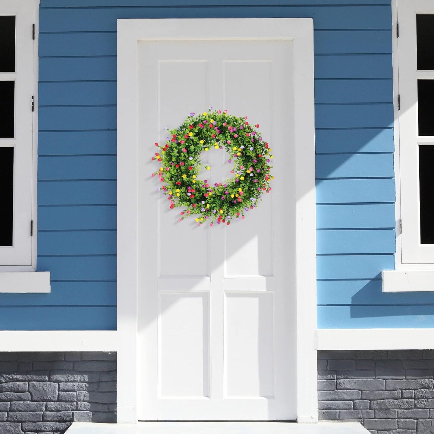 Spring Wreaths for Front Door Silk Artificial Rose Flower Wreath 120 Colorful Flowers with Plastic Green Eucalyptus Leaves Farmhouse Outdoor Wreath for Home Summer Decorations, 17.8 Inches