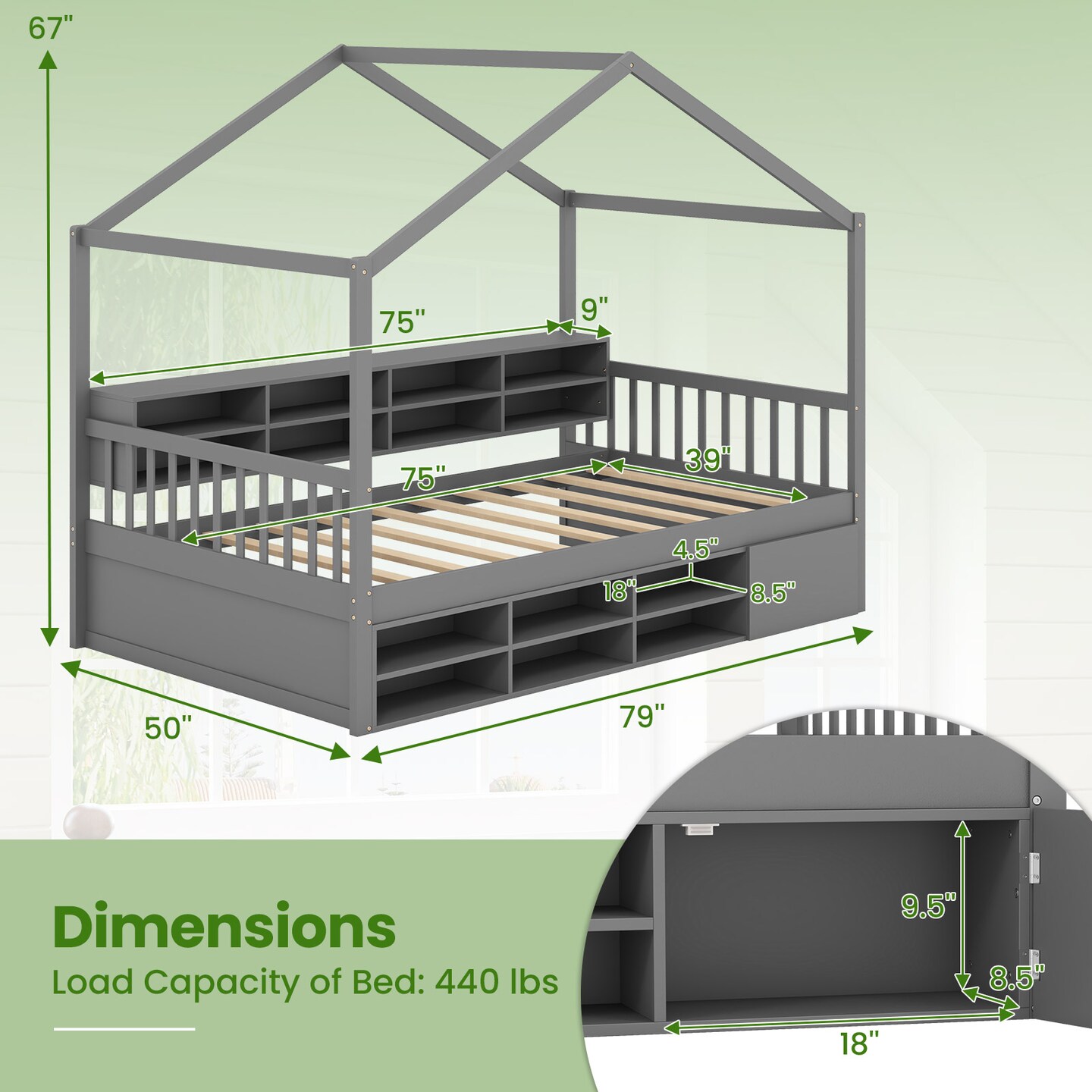Grey House-Shaped Kids Bed with Storage Cubes, Bedside Shelf and Wooden Frame