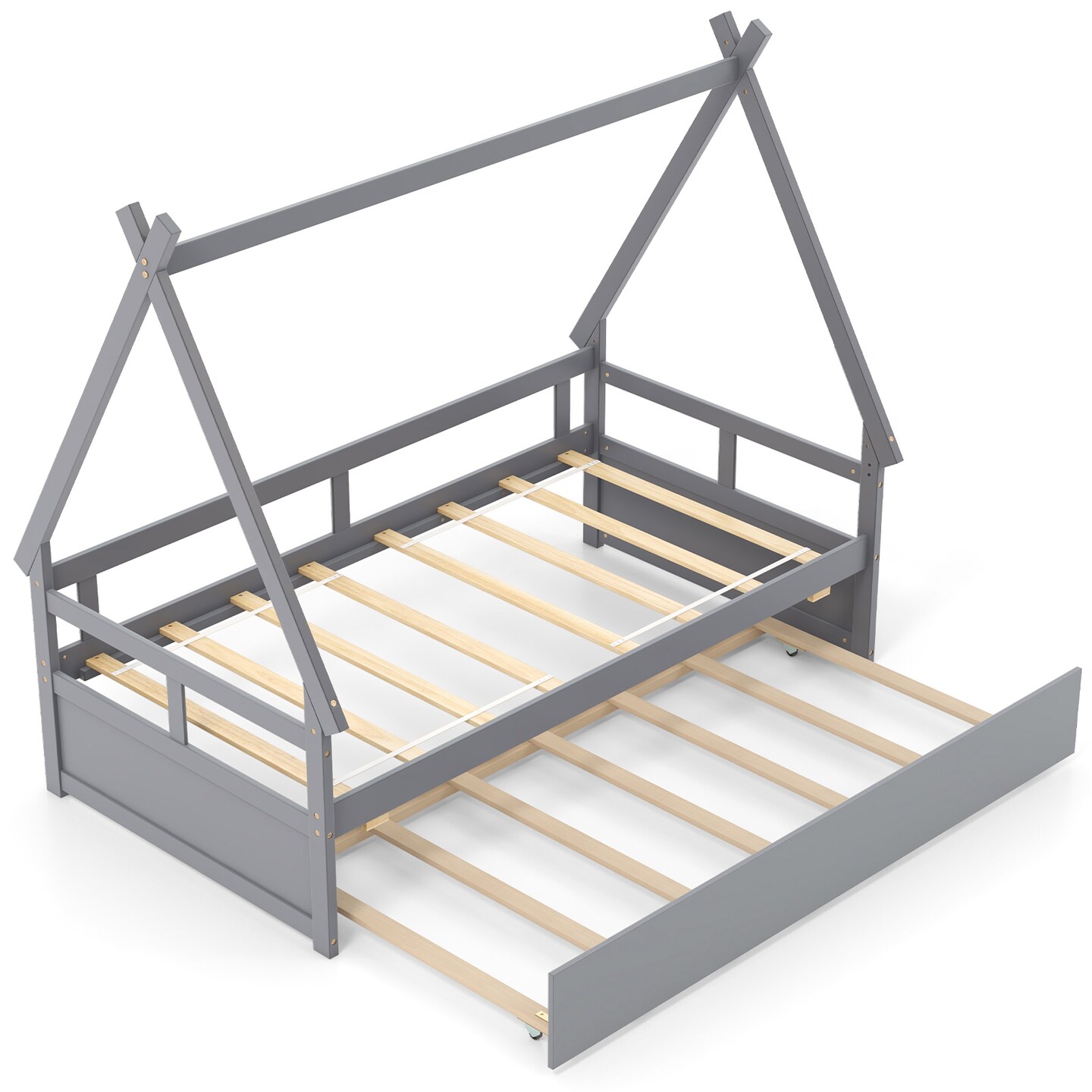 Twin Size House Frame Bed with Trundle, Wooden Construction and Creative Design