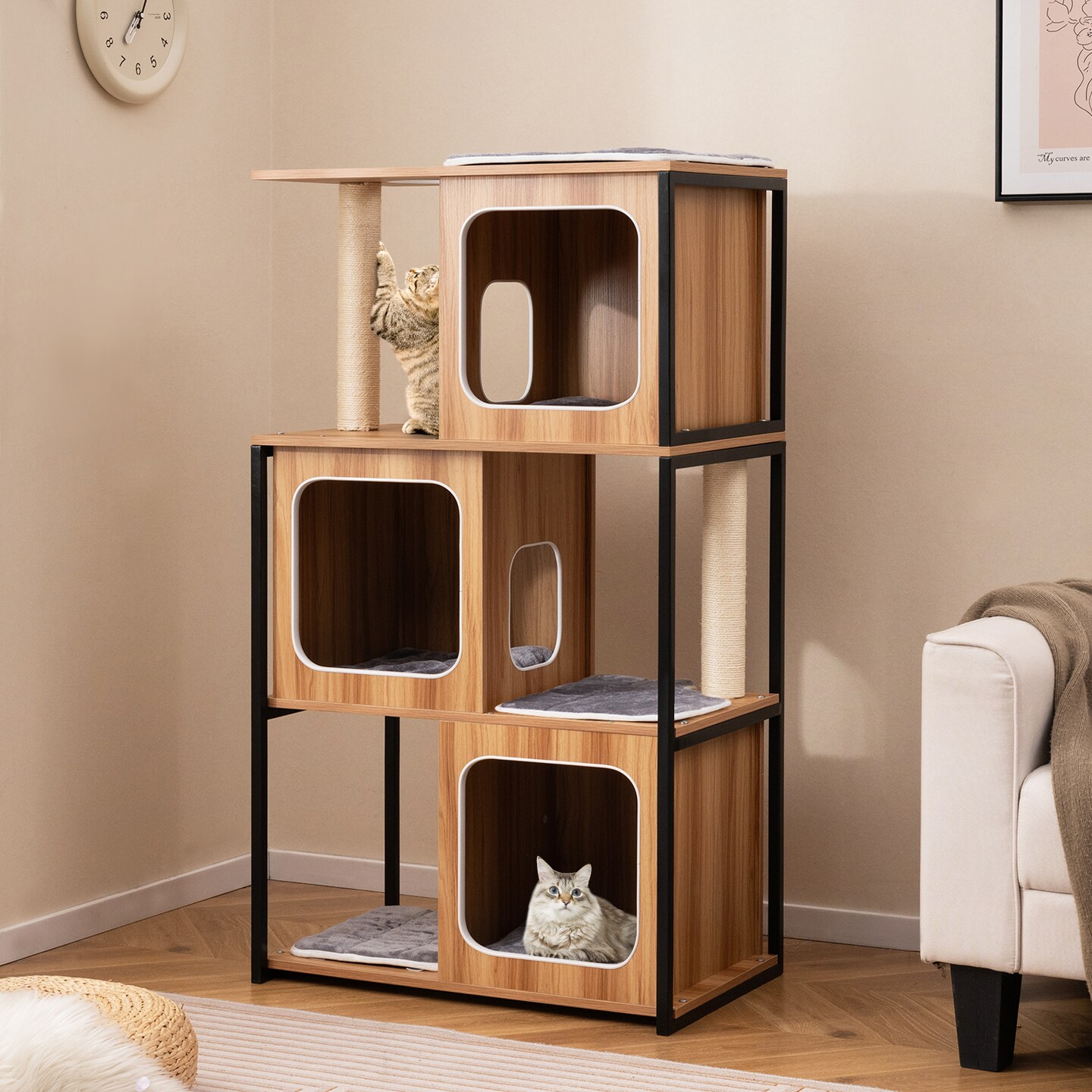 Natural Gray Engineered Wood Multi-Level Cat Tower with Metal Frame