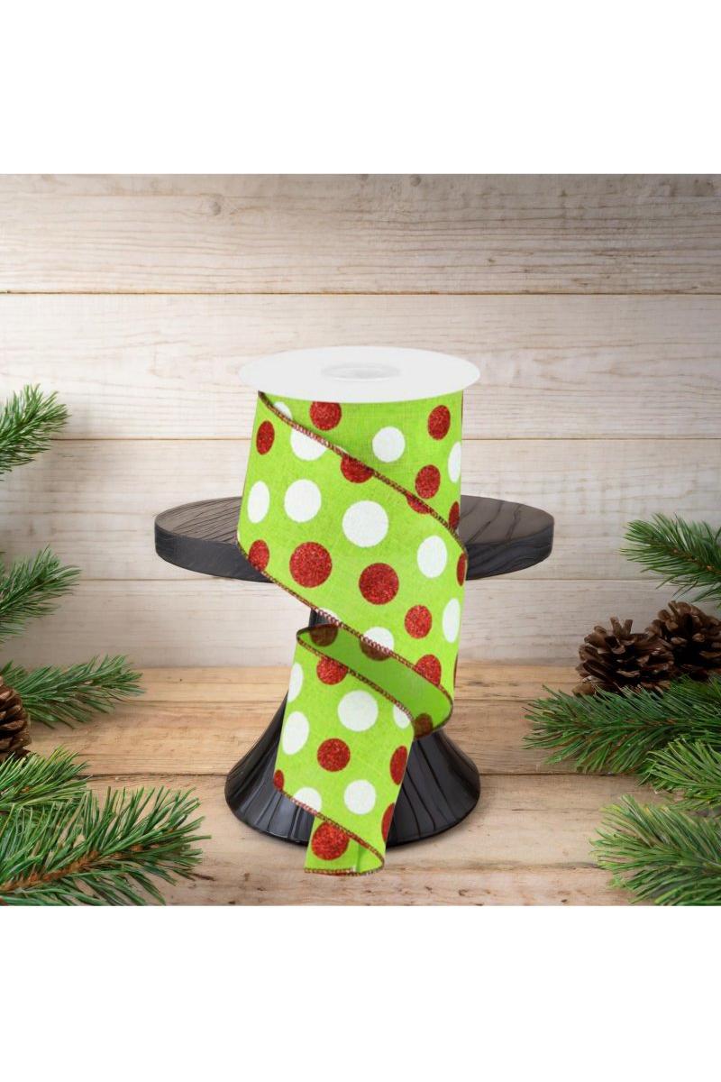 2.5&#x22; Multi Glitter Dots Ribbon: Lime Green, Red, White (10 Yards)
