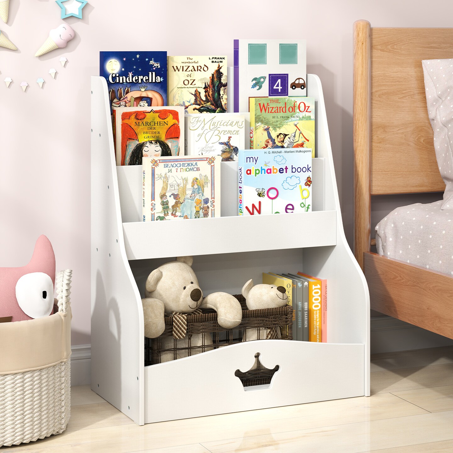 White MDF Kids Bookshelf with 4-Tier Storage, Hidden Compartment and Safety Features
